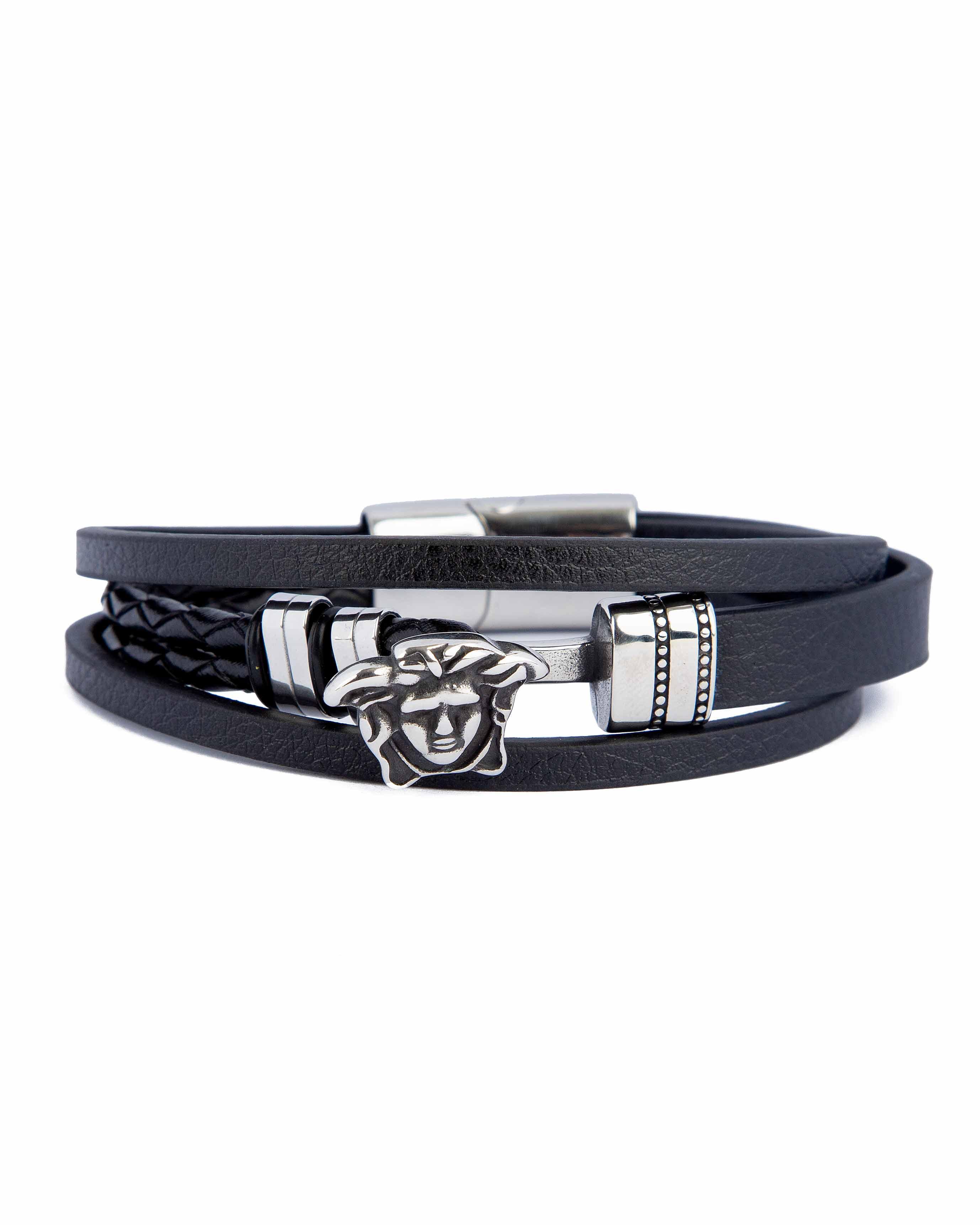 VM Black Leather Bracelet, 10659- Black & Silver Toned
