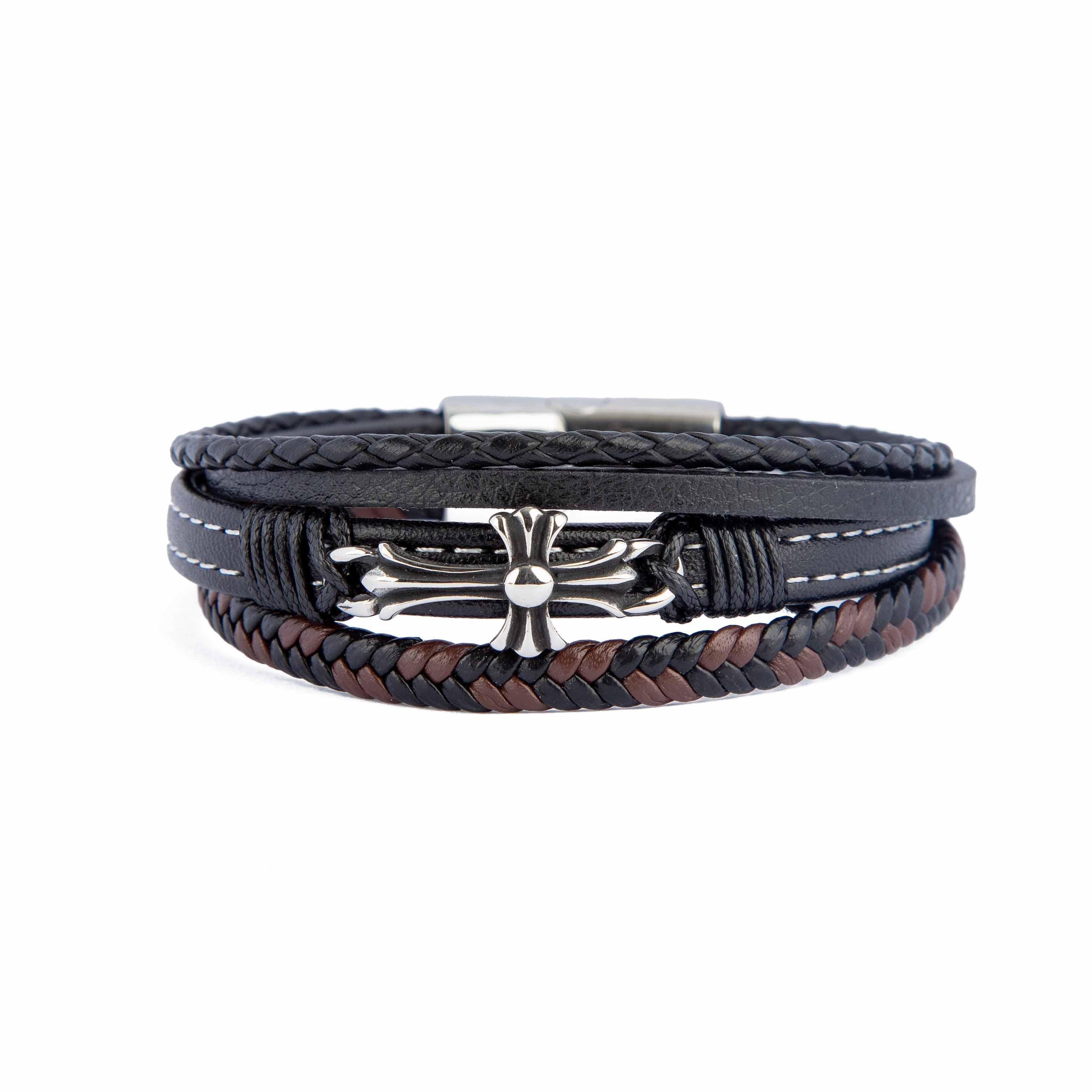 Fako Bijoux Multi-Strand Leather Bracelet with Cross