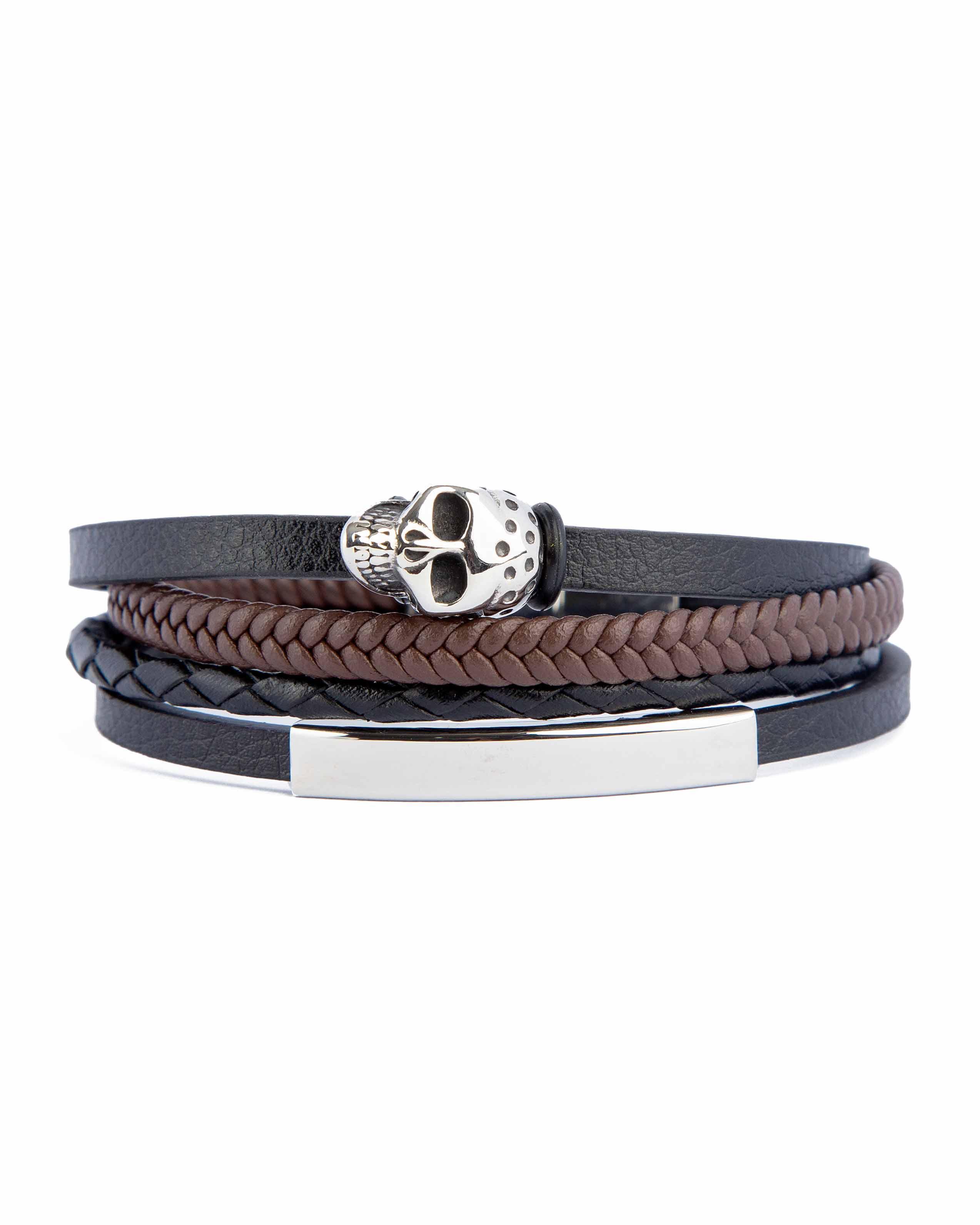 The Bro Code Brown Skull Faux Leather Bracelet Set, 10695- Black & Brown