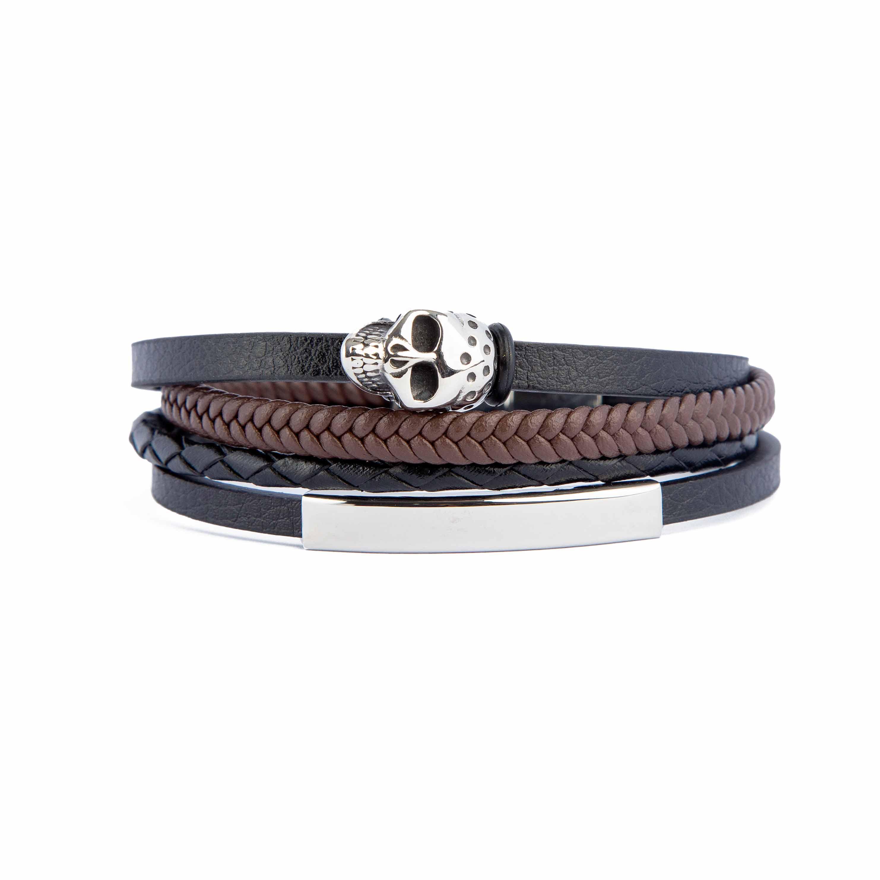Men's black and brown faux leather bracelet set with skull and plate details