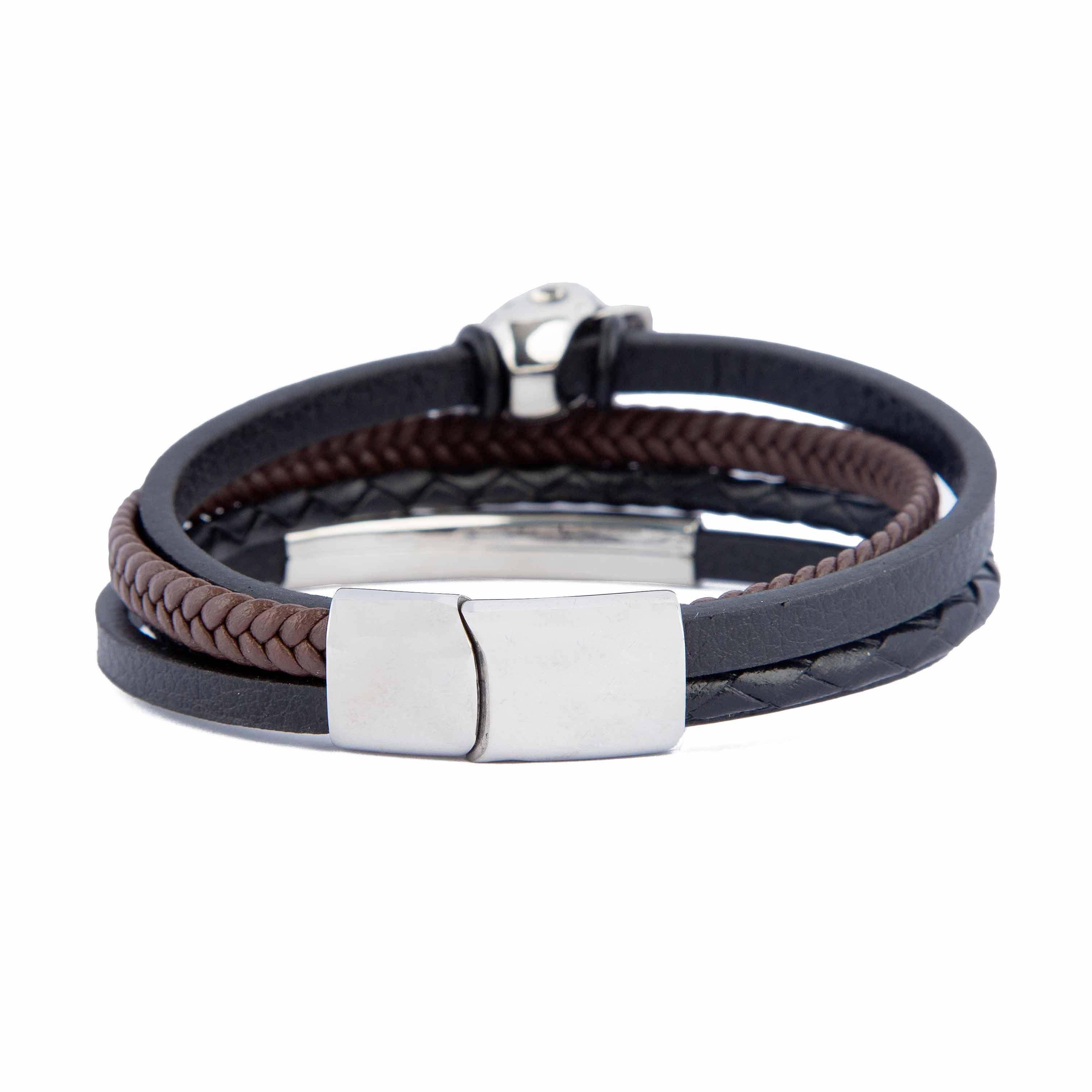 Men's black and brown faux leather bracelet set with skull and plate details
