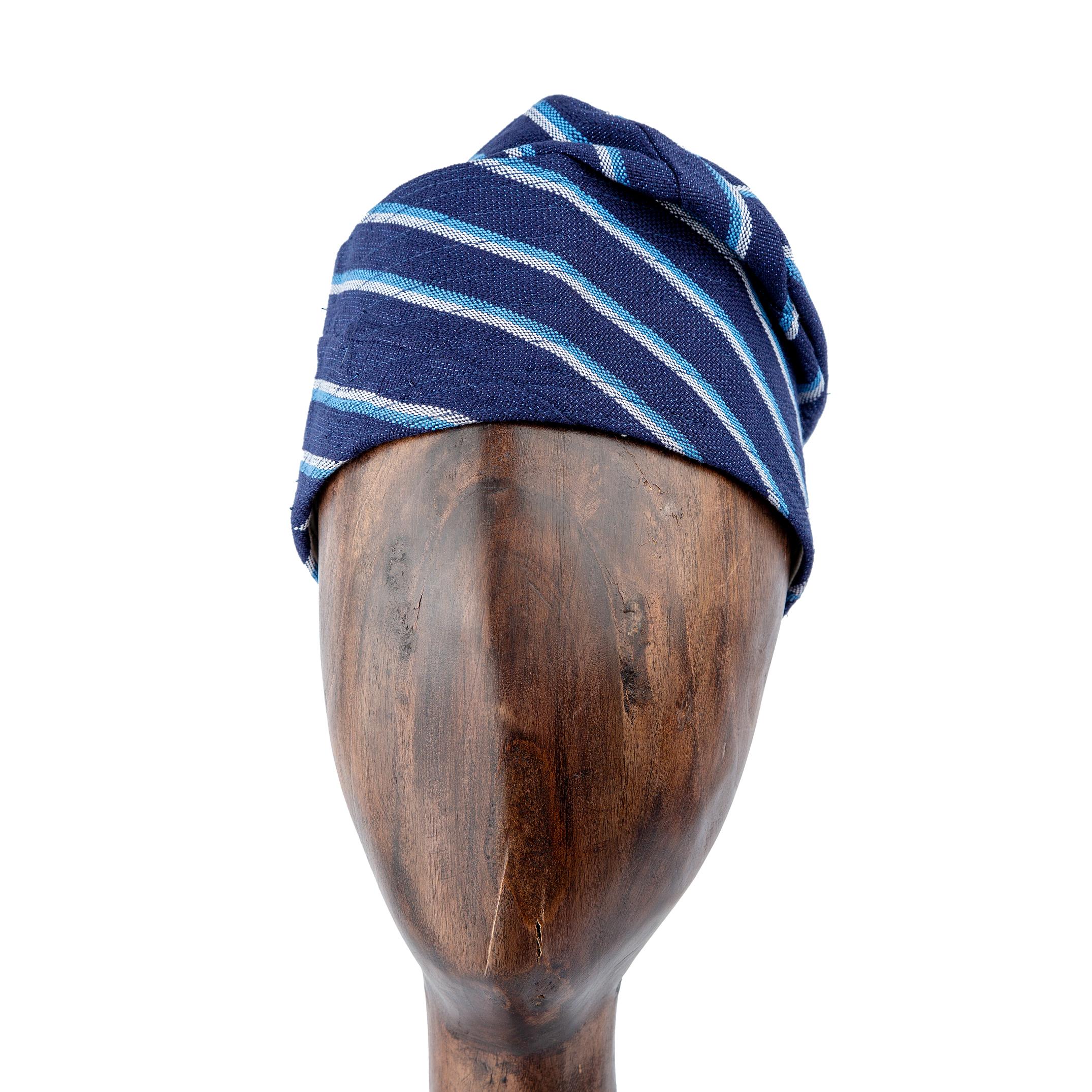 Handwoven navy blue Aso Oke cap with sky blue stripes, unisex traditional headwear for weddings, festivals, and stylish cultural events.