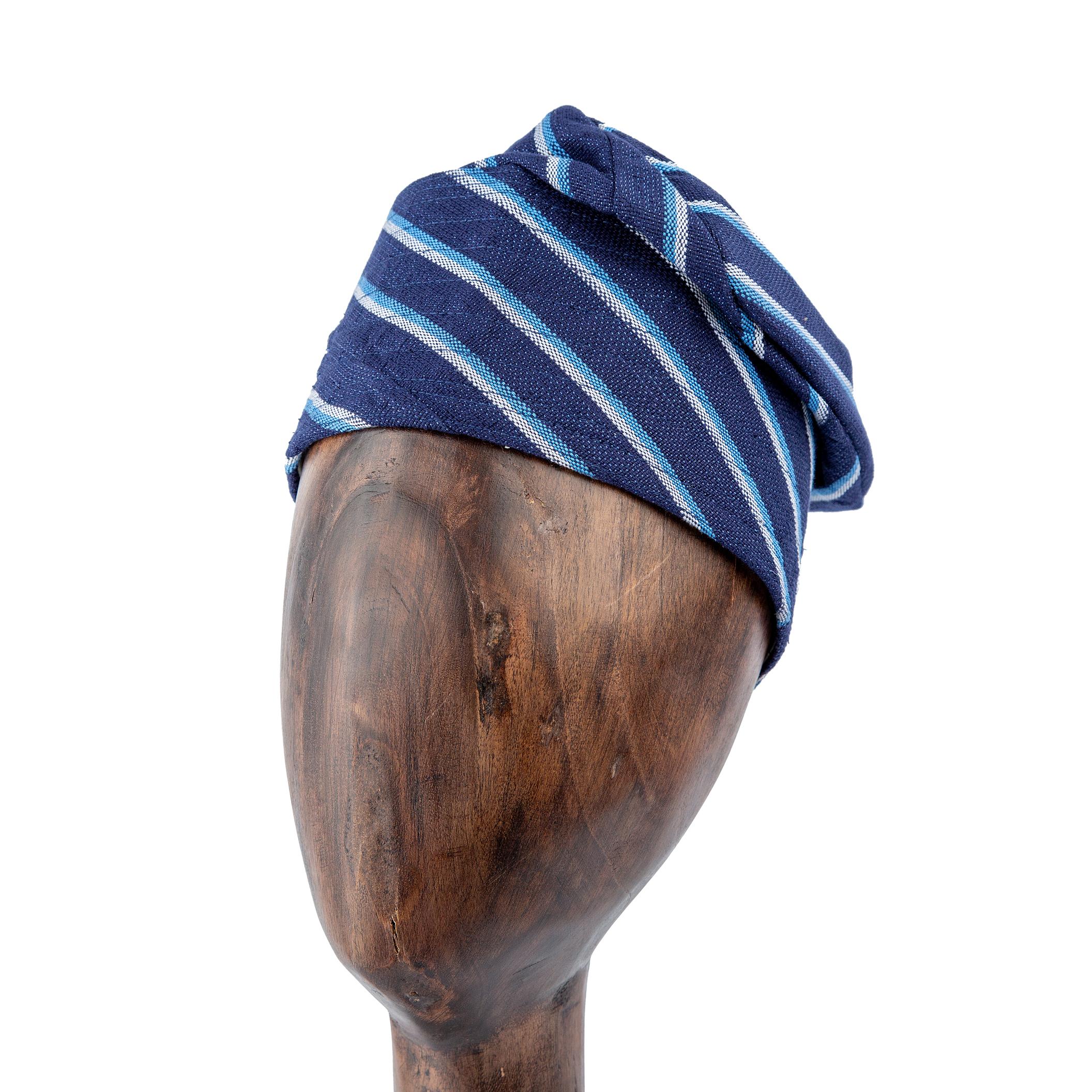 Handwoven navy blue Aso Oke cap with sky blue stripes, unisex traditional headwear for weddings, festivals, and stylish cultural events.
