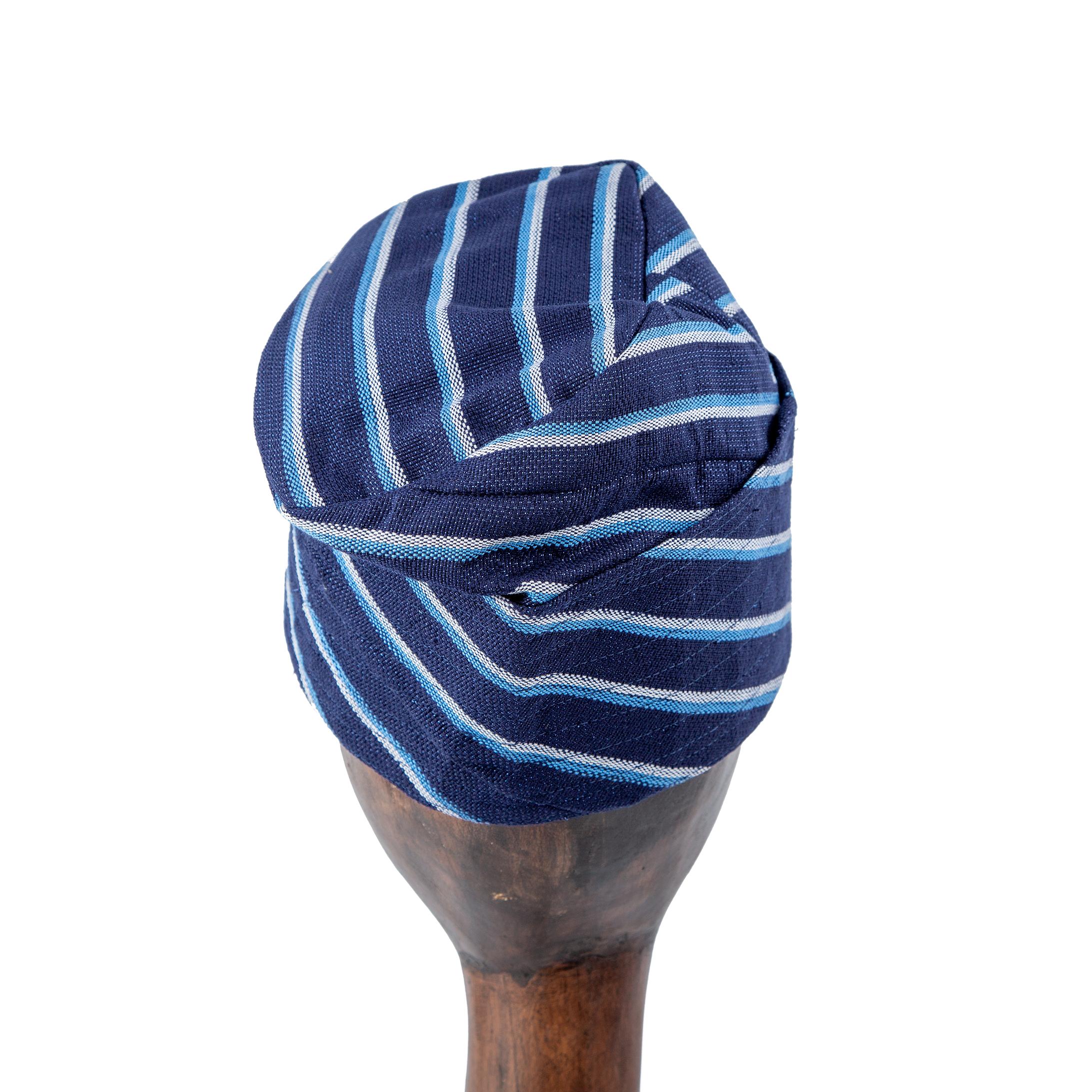 Handwoven navy blue Aso Oke cap with sky blue stripes, unisex traditional headwear for weddings, festivals, and stylish cultural events.