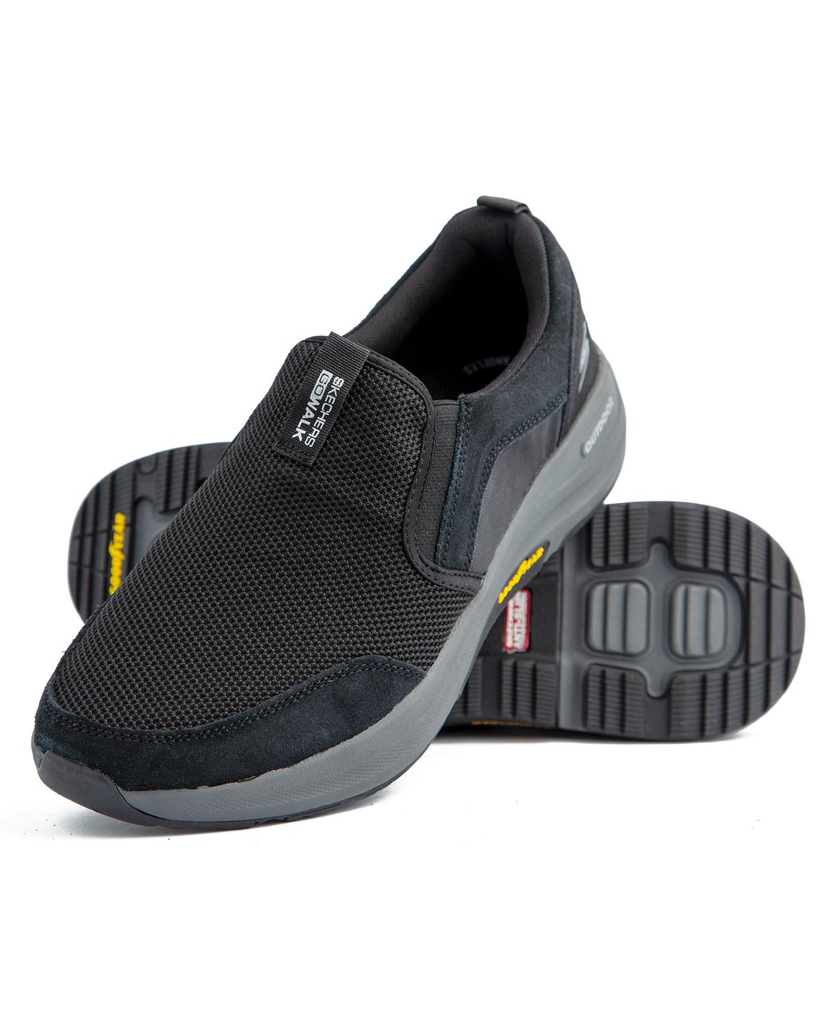 Skechers GO WALK Outdoor Arch Fit - Grand Horizon men's shoes in black with grey trim, featuring a mesh and synthetic upper and a rugged outsole.