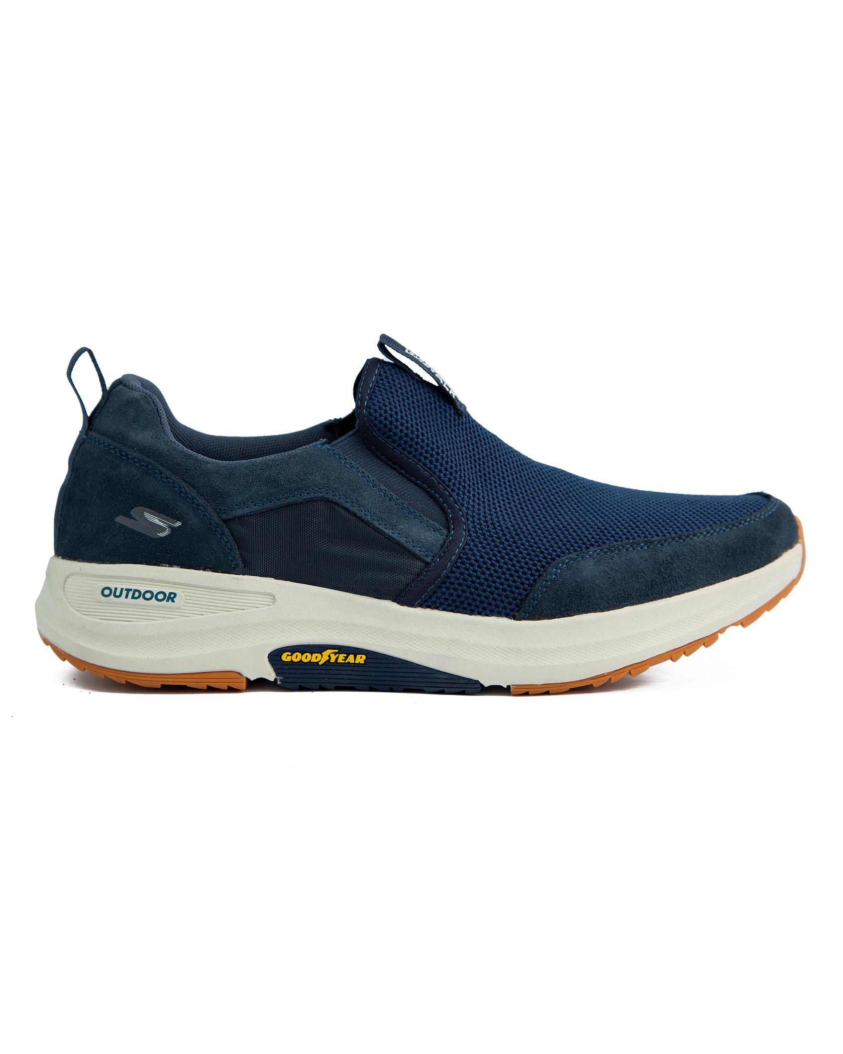 Skechers Go Walk Outdoor Shoes, Navy blue with tan accents, featuring breathable mesh and suede upper, lace-up closure, and durable traction outsole.