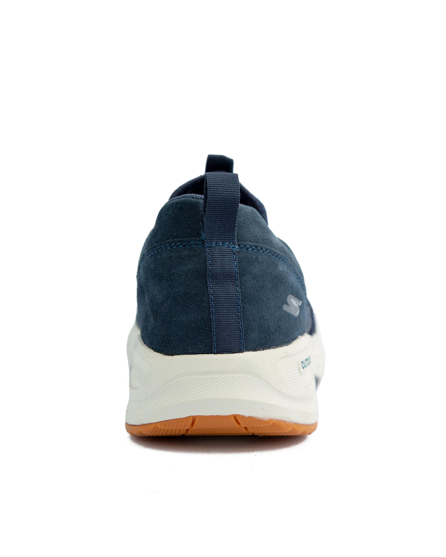 Skechers Go Walk Outdoor Shoes, Navy blue with tan accents, featuring breathable mesh and suede upper, lace-up closure, and durable traction outsole.