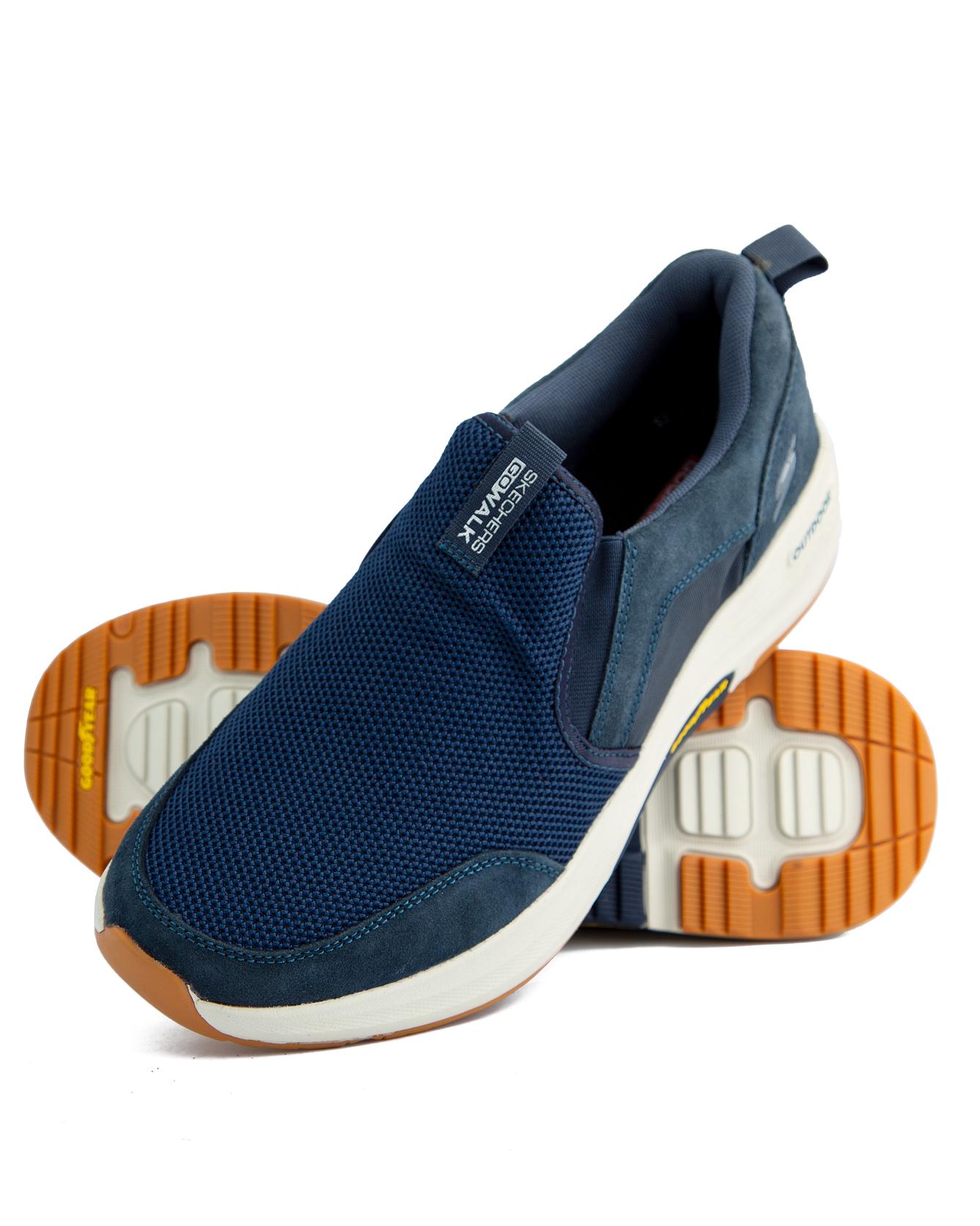 Skechers Go Walk Outdoor Shoes, Navy blue with tan accents, featuring breathable mesh and suede upper, lace-up closure, and durable traction outsole