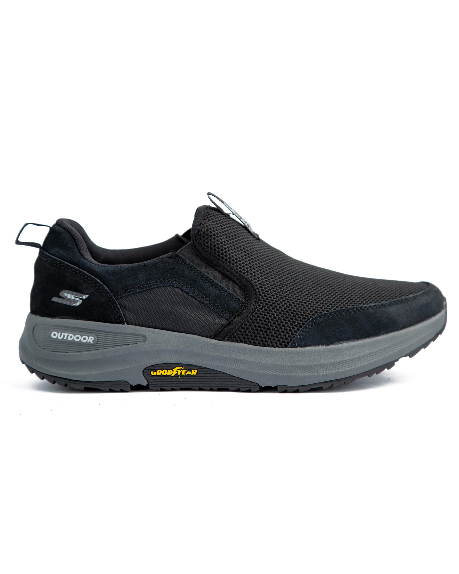 Skechers Go Walk Shoes, Black with grey soles, featuring a breathable mesh upper