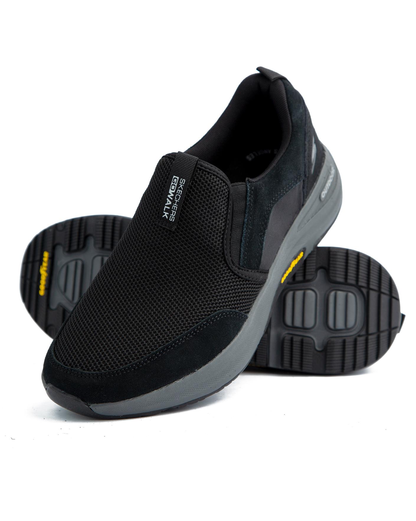 Skechers Go Walk Shoes, Black with grey soles, featuring a breathable mesh upper