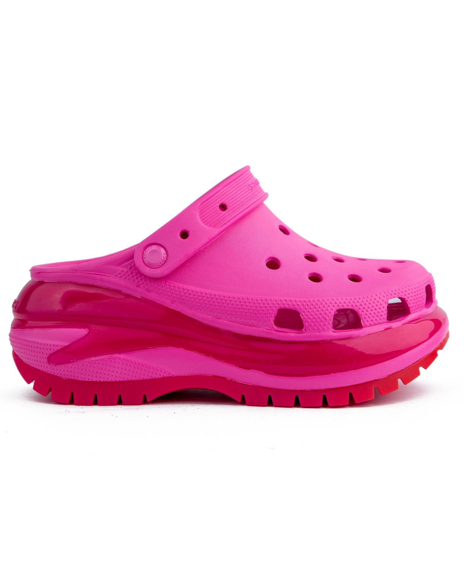 Crocs Mega Crush Clog in bright pink, featuring a platform sole and ventilation ports.