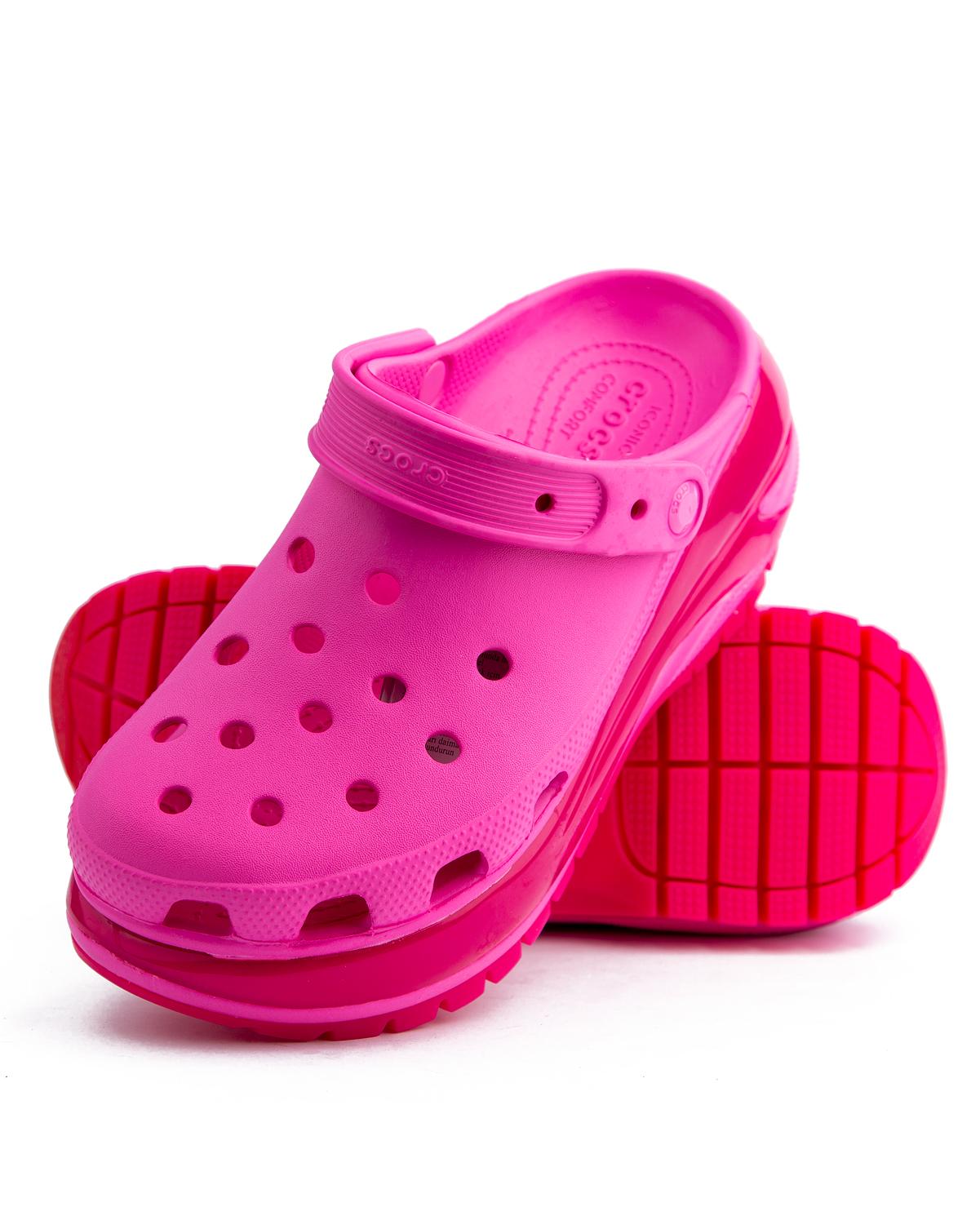 Crocs Mega Crush Clog in bright pink, featuring a platform sole and ventilation ports.