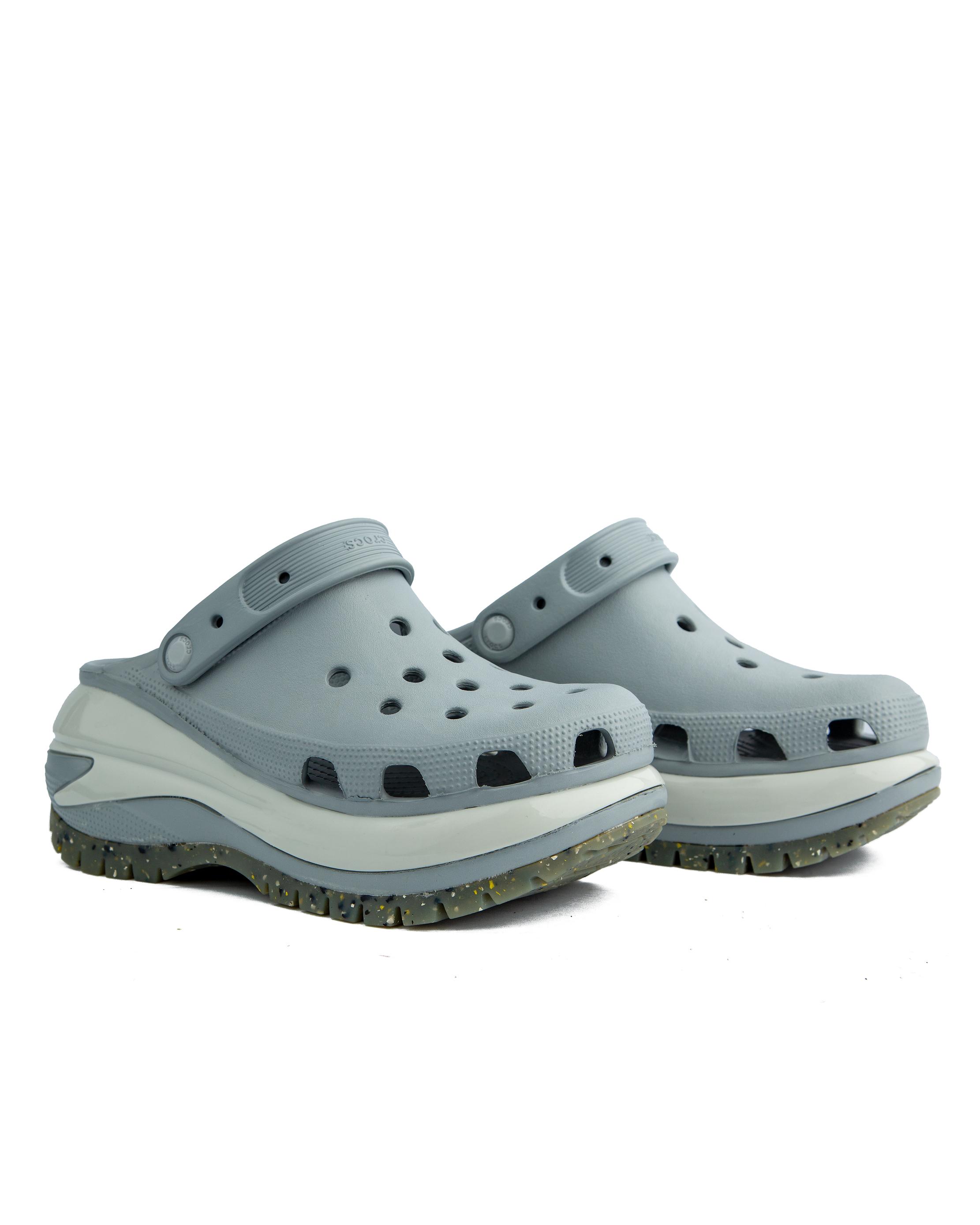 Crocs Mega Crush Clog in light grey, featuring a platform sole with textured detail and ventilation ports.
