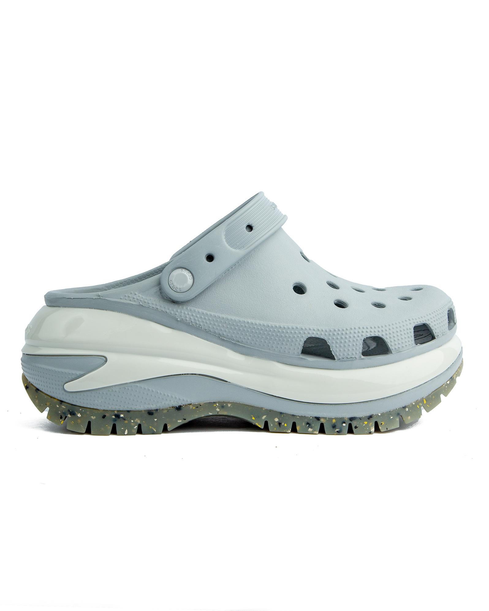Crocs Mega Crush Clog in light grey, featuring a platform sole with textured detail and ventilation ports.