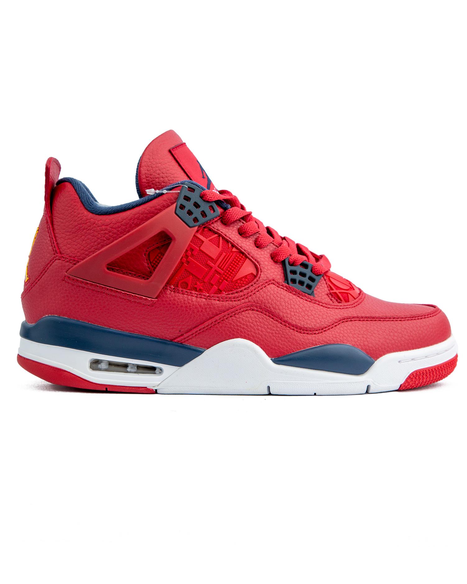 Retro Air 4 Red & Navy Sneakers – Stylish unisex sneakers with a bold red leather upper, navy blue detailing, and a white midsole for superior comfort and durability.