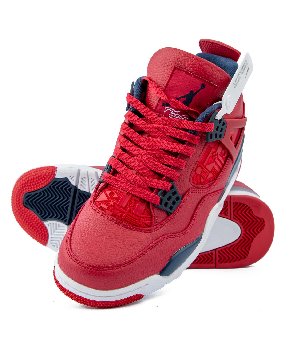 Retro Air 4 Red & Navy Sneakers – Stylish unisex sneakers with a bold red leather upper, navy blue detailing, and a white midsole for superior comfort and durability.