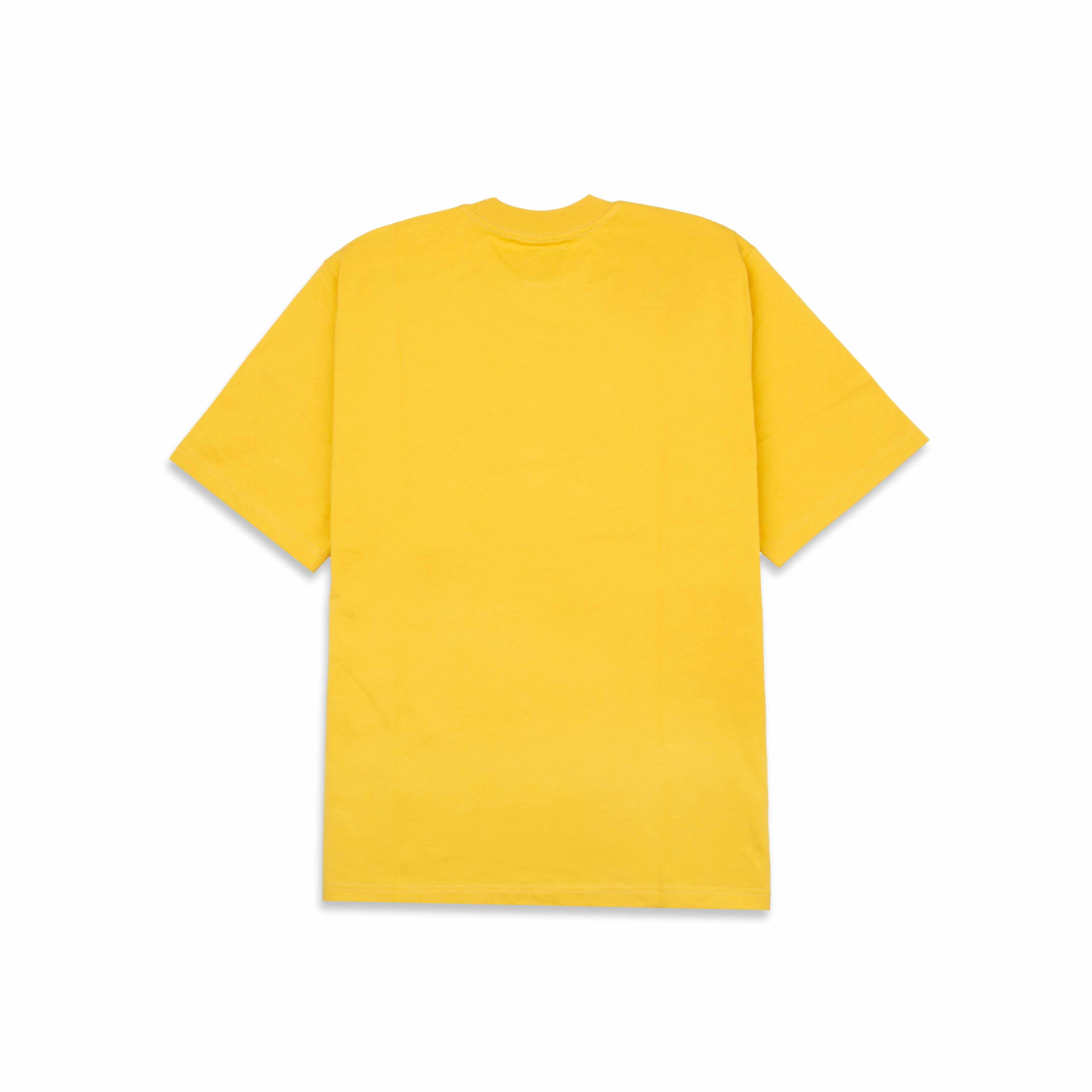 Yellow t-shirt with black shushing hand graphic. Silence gesture tee.