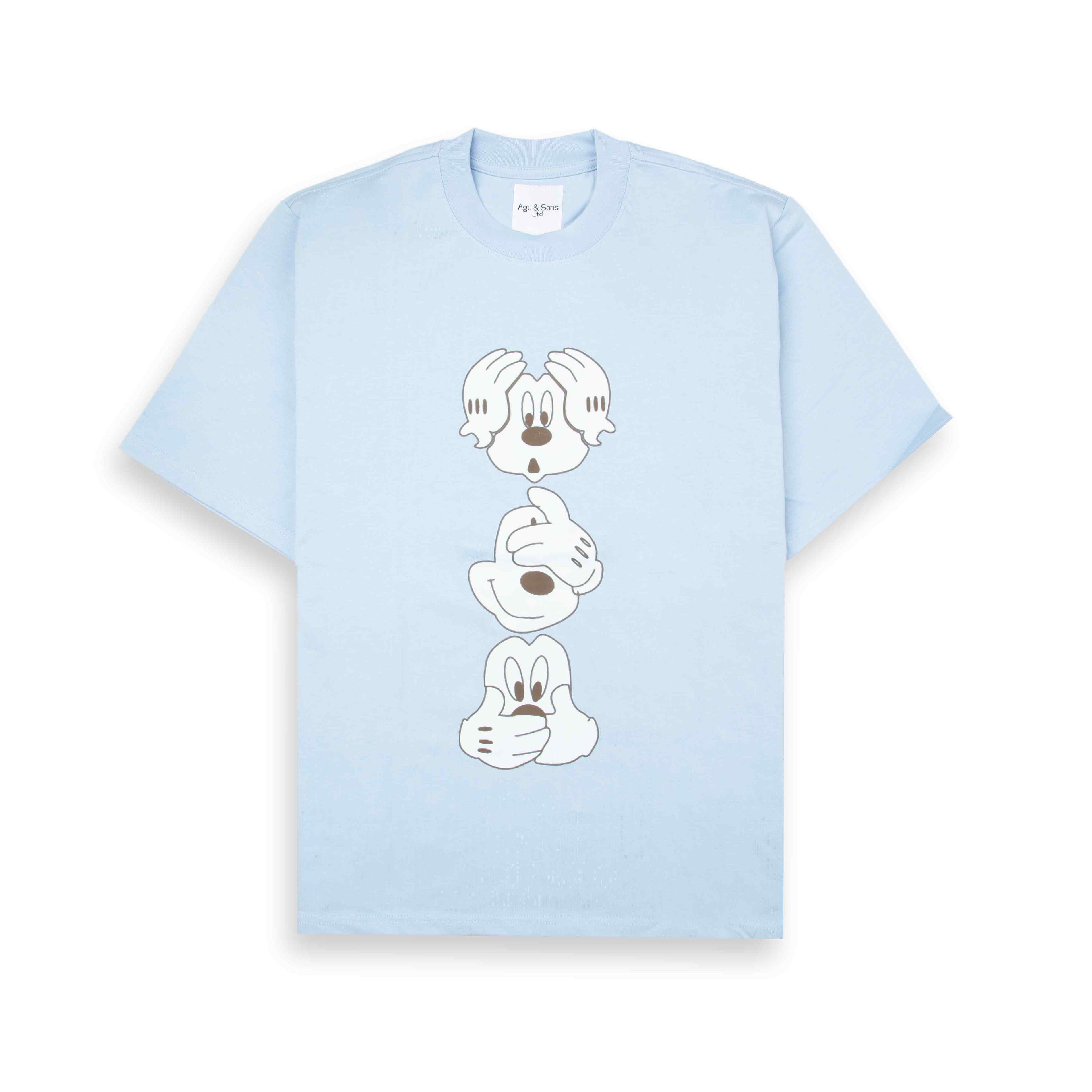 Light blue t-shirt with Mickey Mouse "See No Evil" graphic.