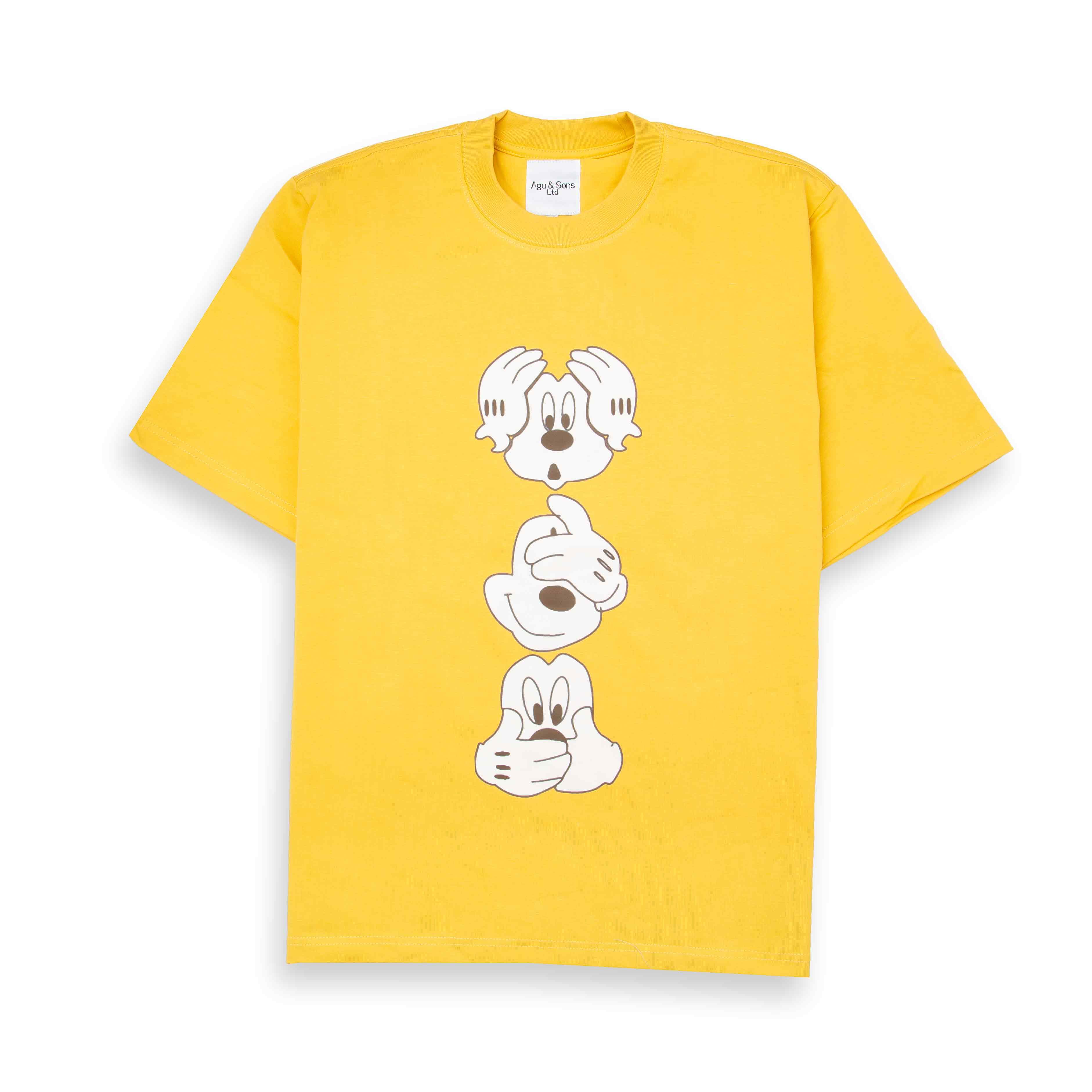 Yellow t-shirt with Mickey Mouse "See No Evil" graphic.