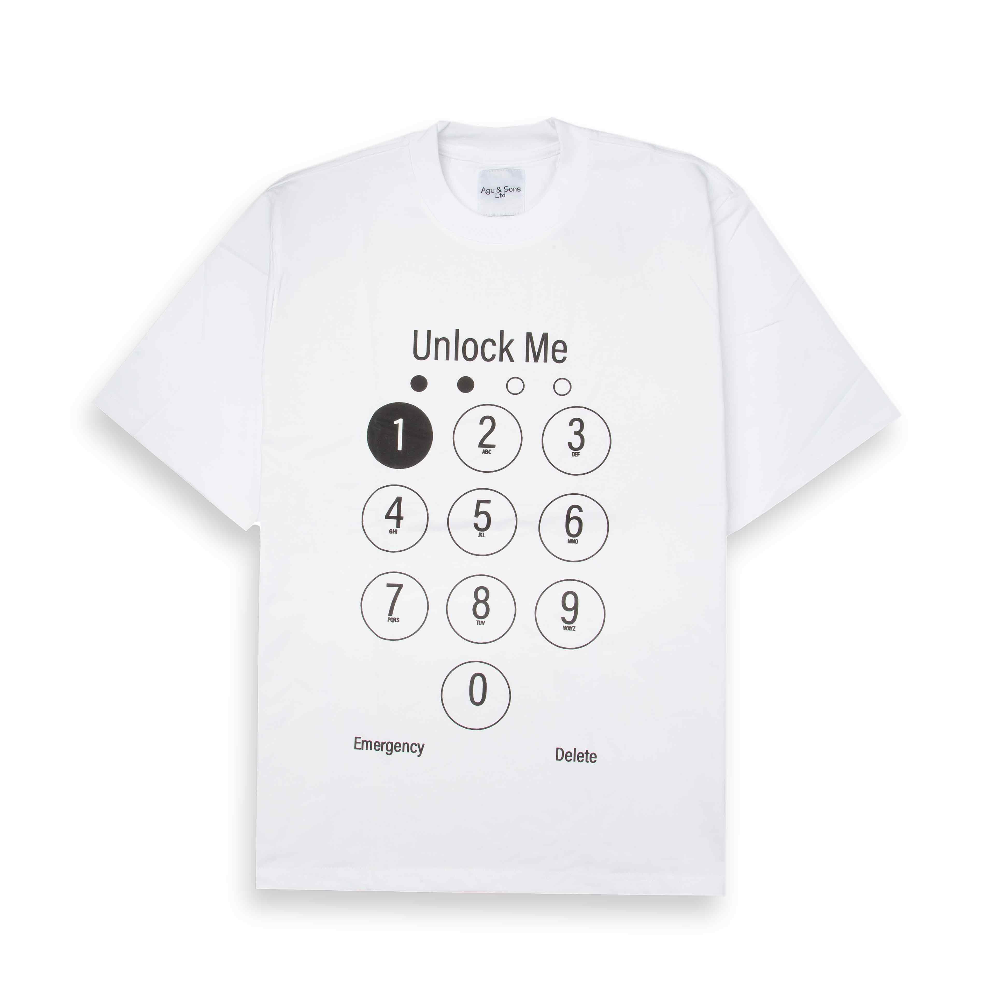 White t-shirt with "Unlock Me" keypad graphic.