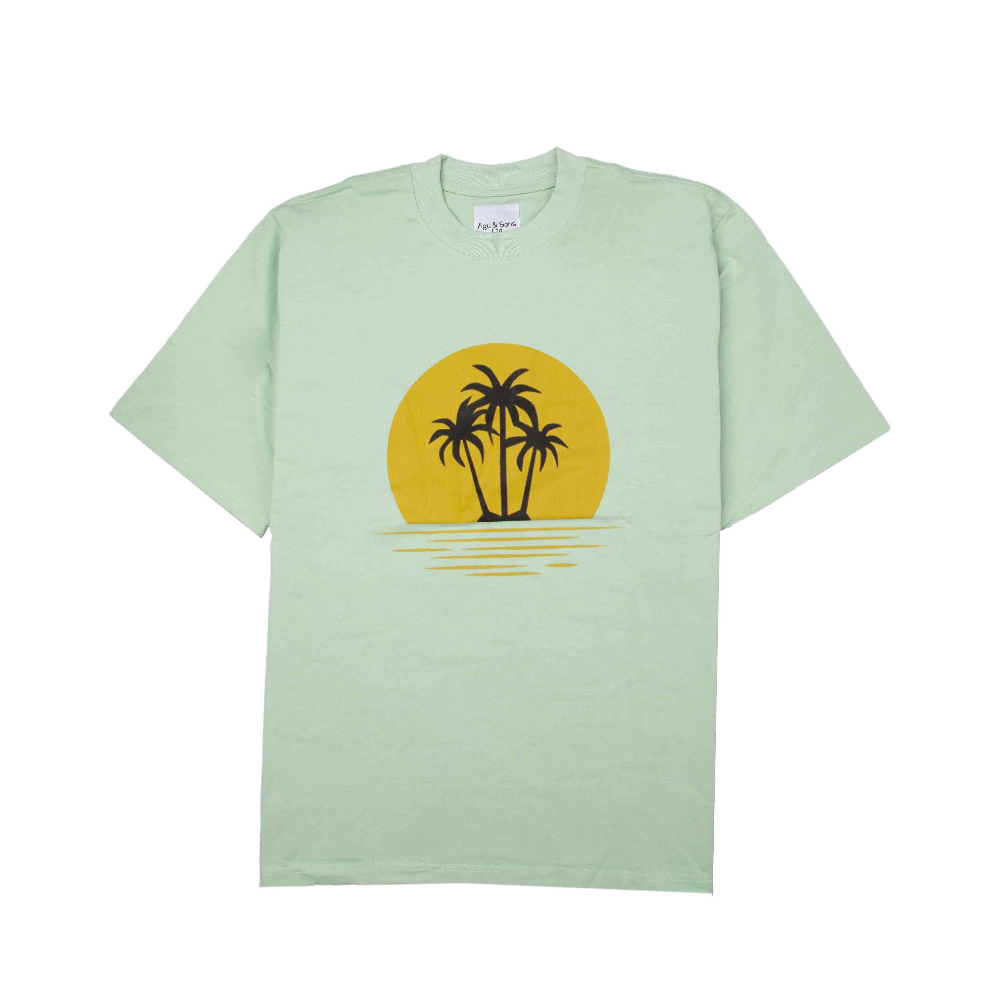 Agu & Sons Light Green T-Shirt with Palm Tree Sunset 