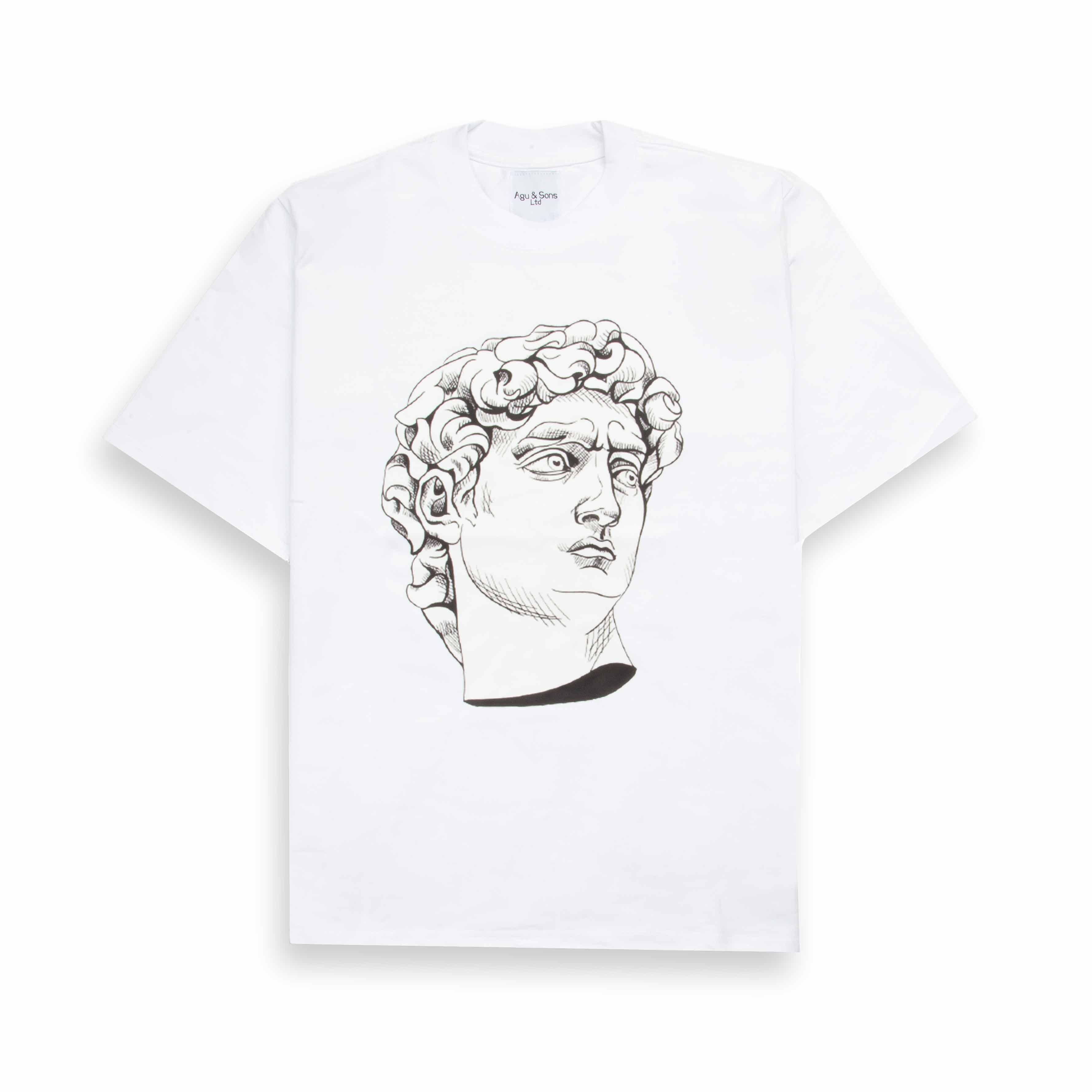 White t-shirt with black David head graphic. Renaissance art tee.