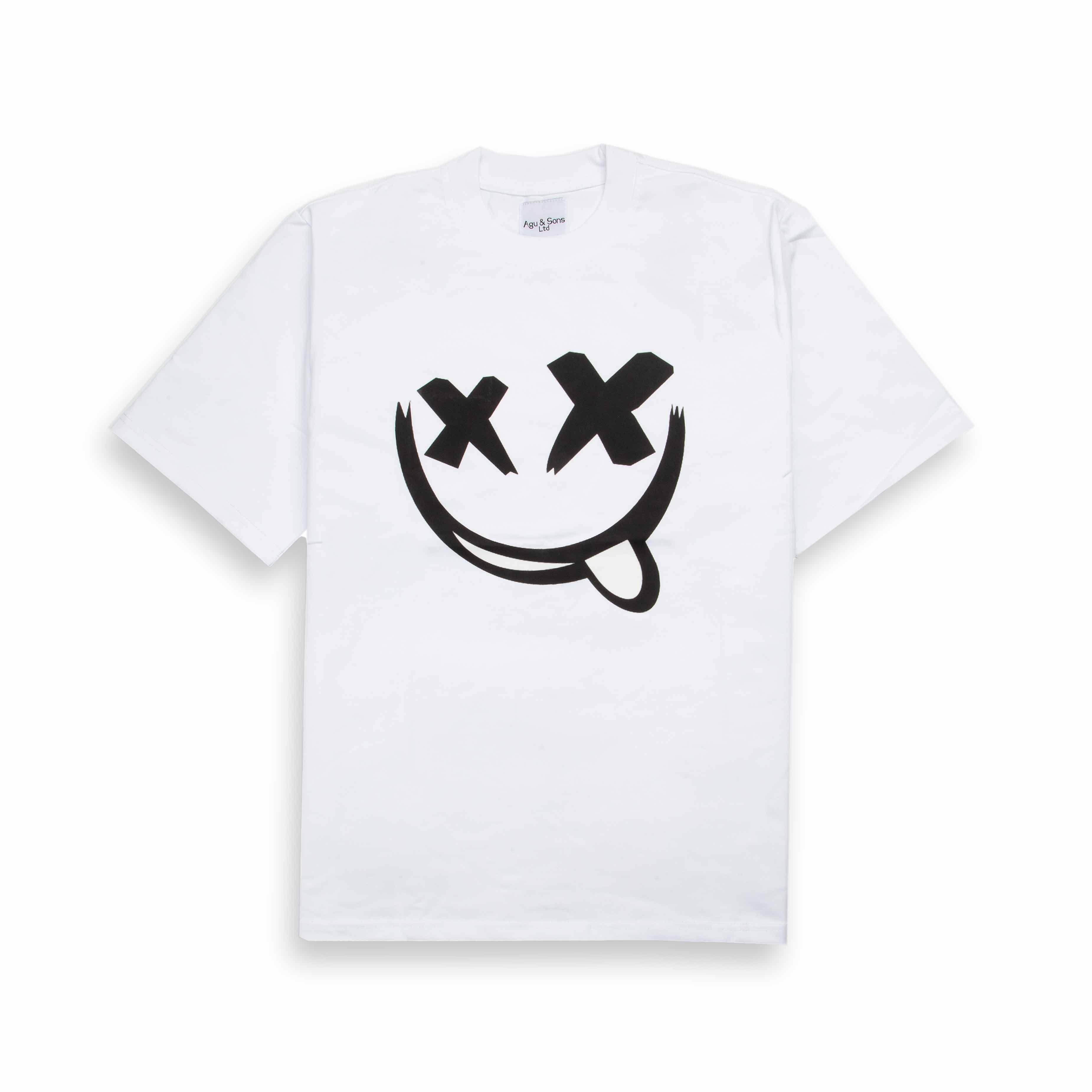  Agu & Sons white t-shirt with dizzy smiley face graphic.