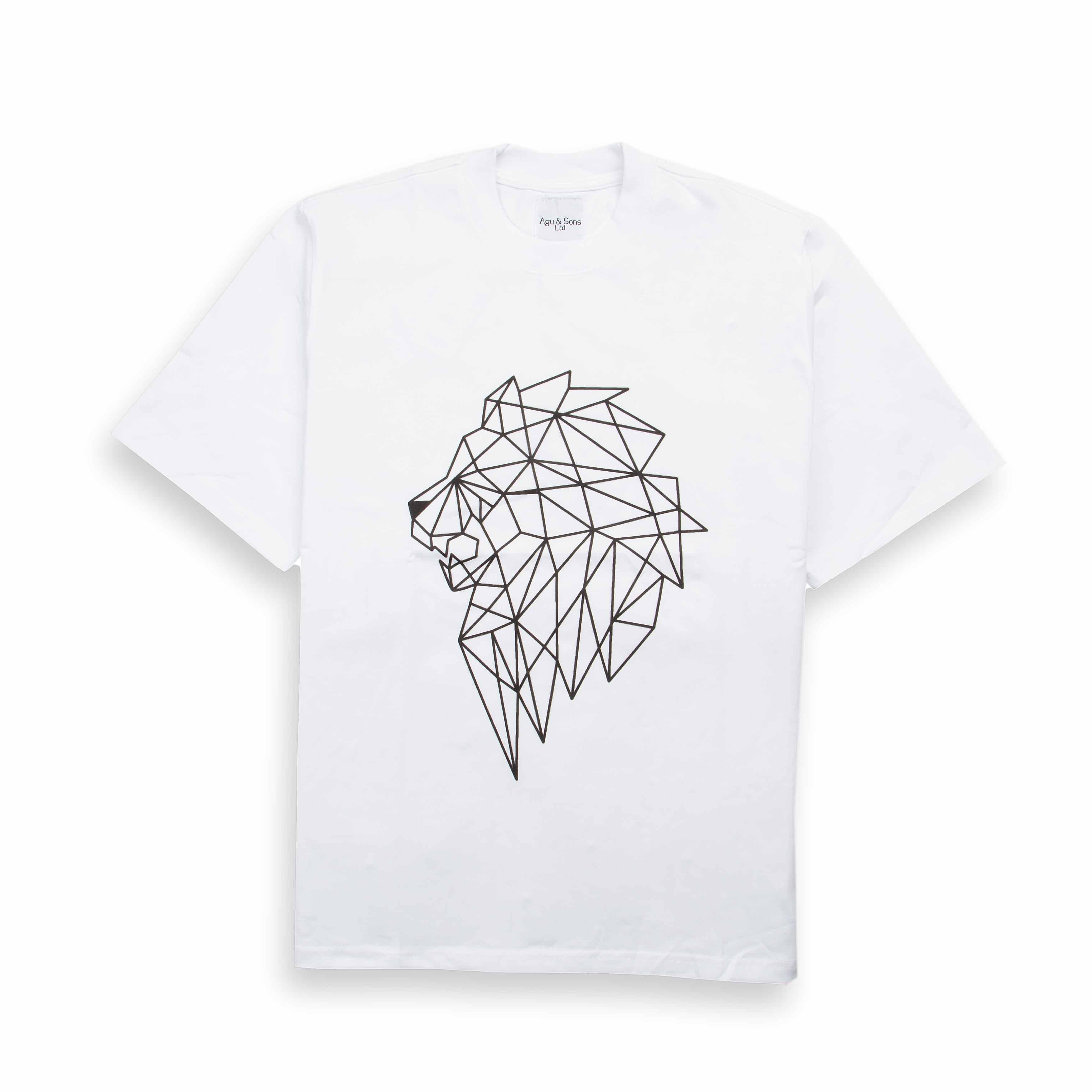 Agu & Sons white t-shirt with geometric lion graphic.