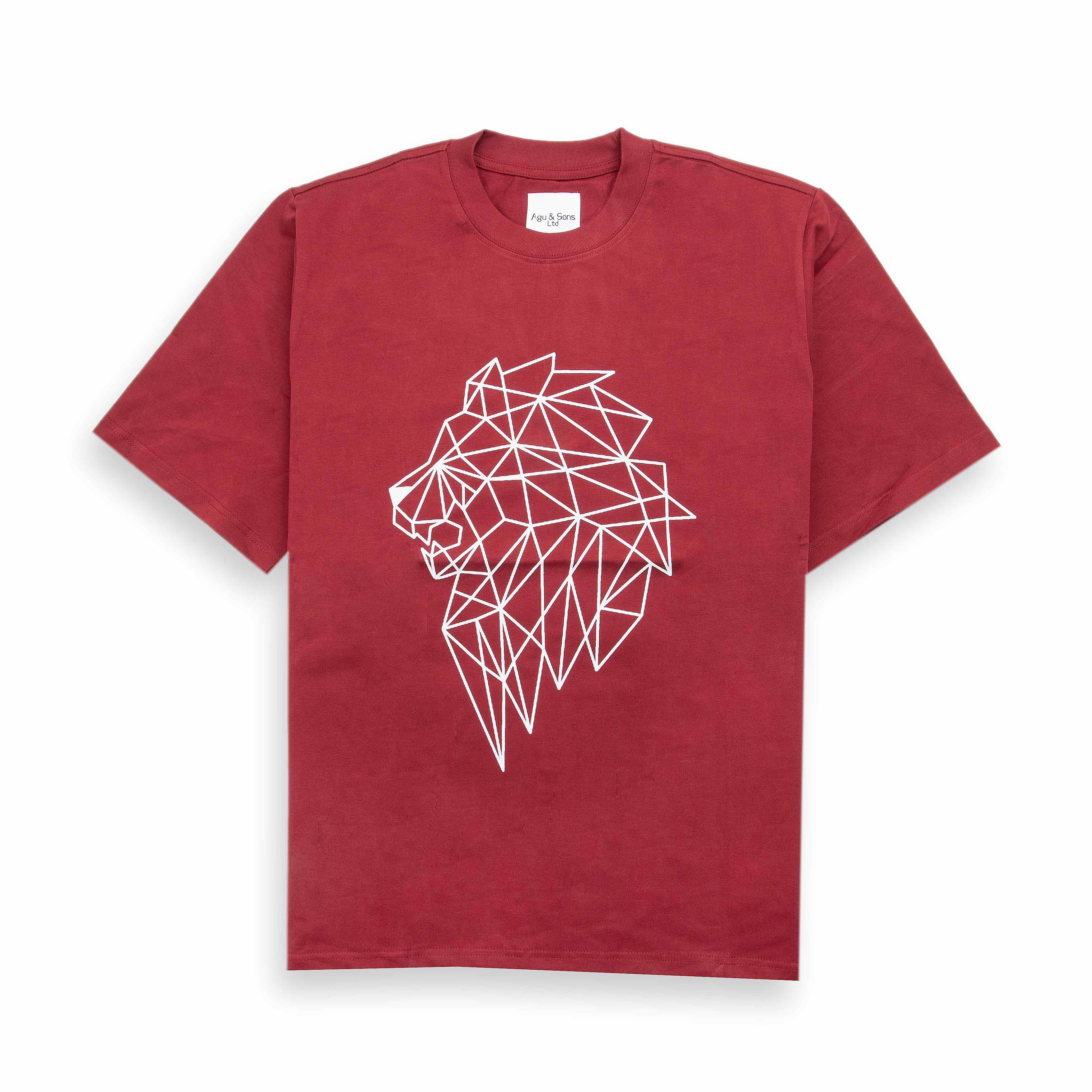 Agu & Sons maroon t-shirt with geometric lion graphic.