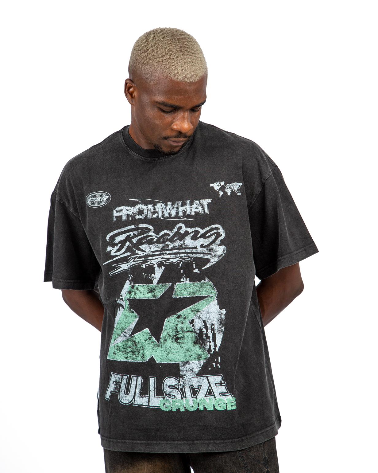 FRCMWHAT Racer 33 Graphic Print T-shirt, faded black, back view.