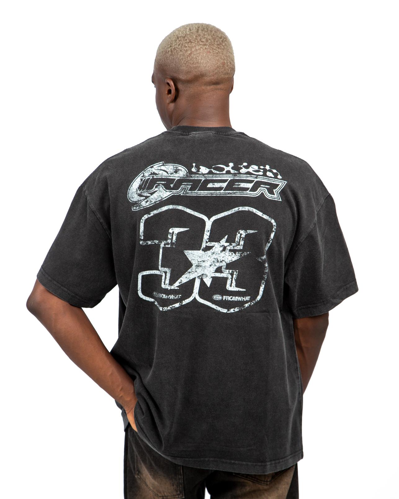 FRCMWHAT Racer 33 Graphic Print T-shirt, faded black, back view.