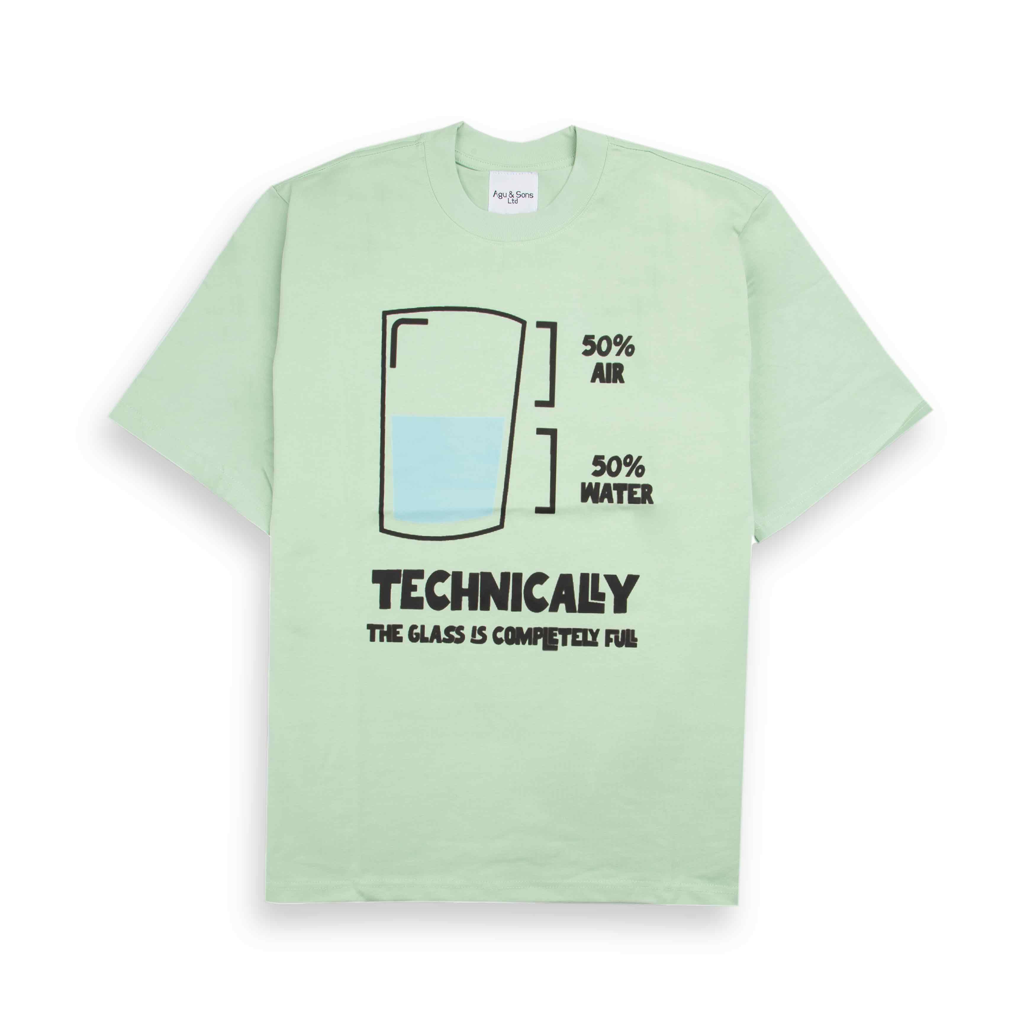 Agu & Sons Ltd. Light Green T-Shirt with "Glass Half Full" Graphic