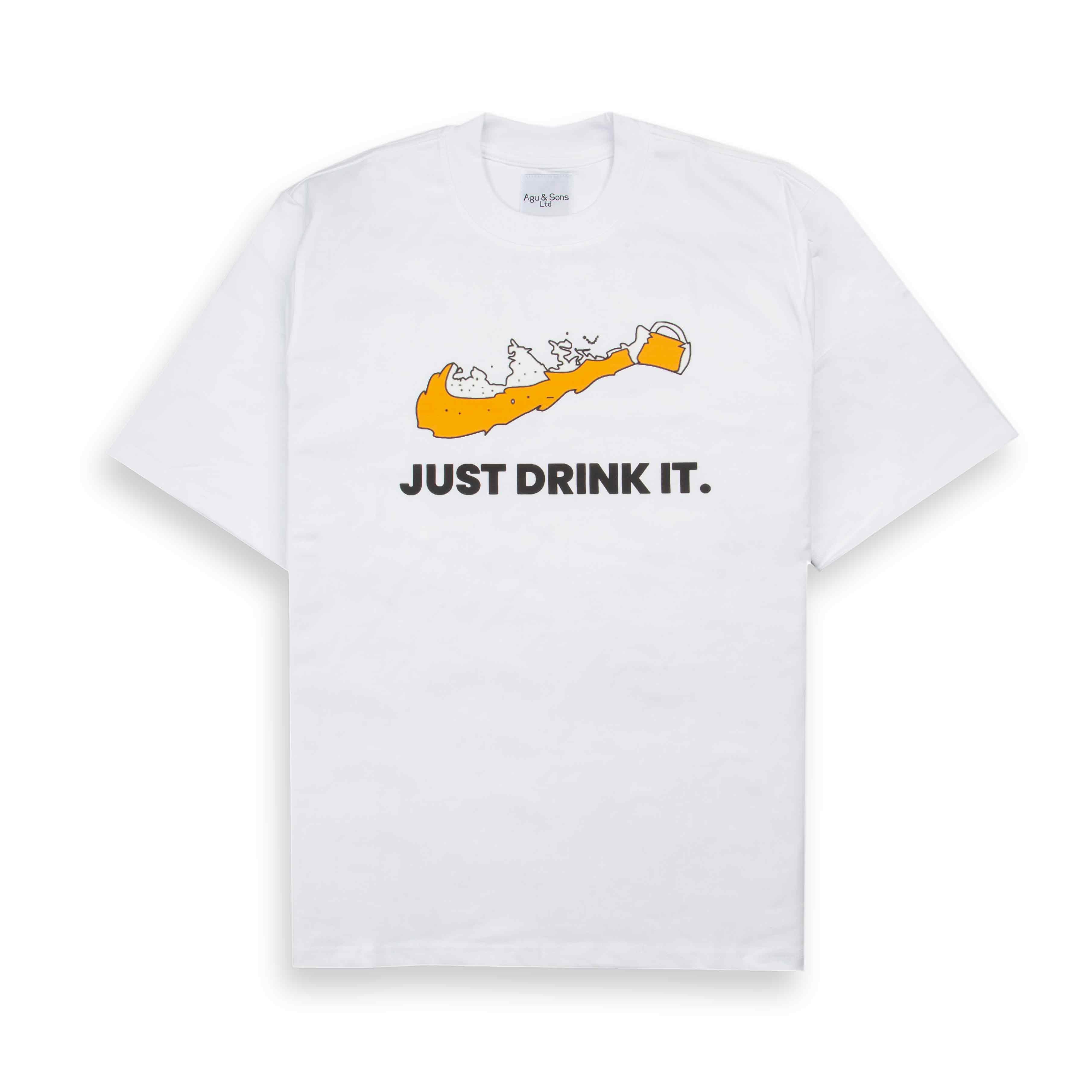 White Agu & Sons Ltd. "Just Drink It" Long Island beer mug graphic print unisex t-shirt.