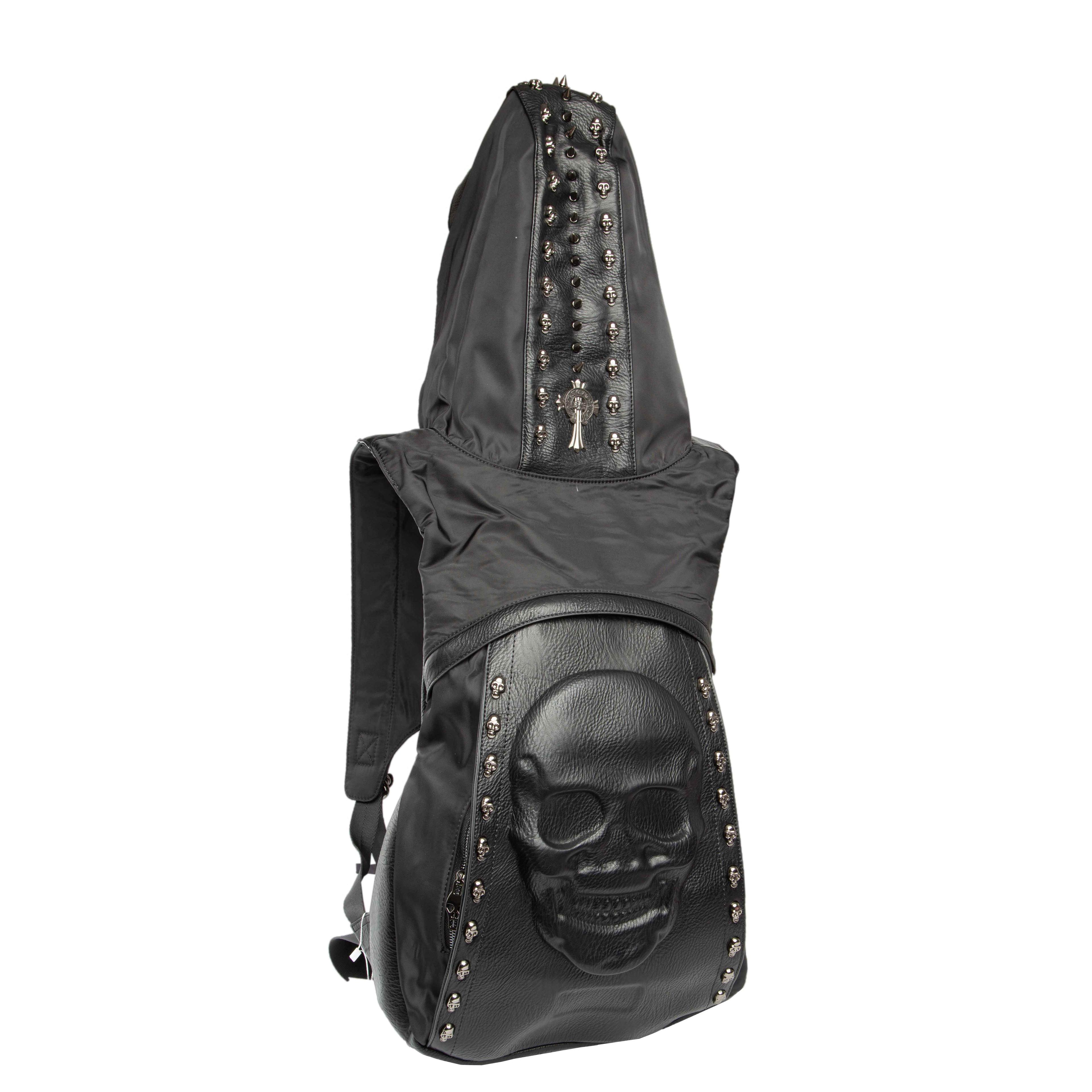 3D Skull Studded Hooded Backpack - Black Edgy Unisex