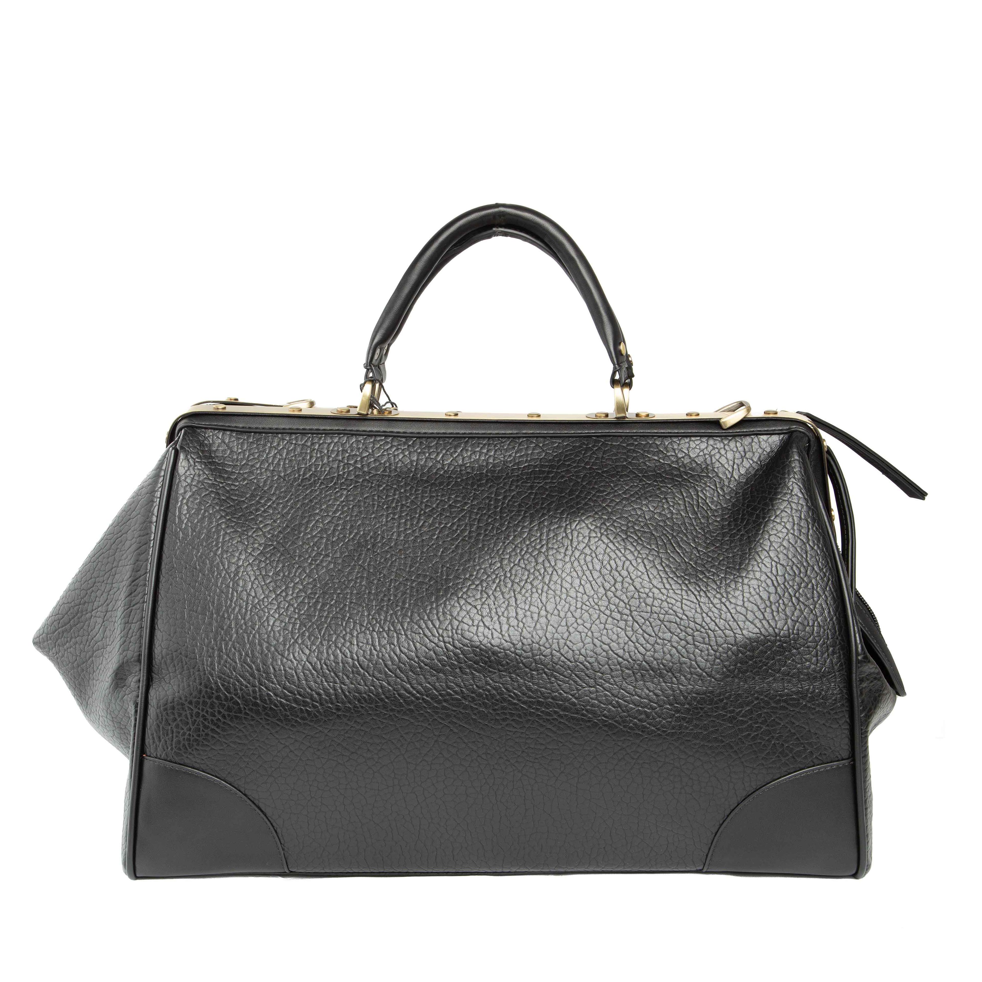 Black Textured Leather Frame Travel Bag 