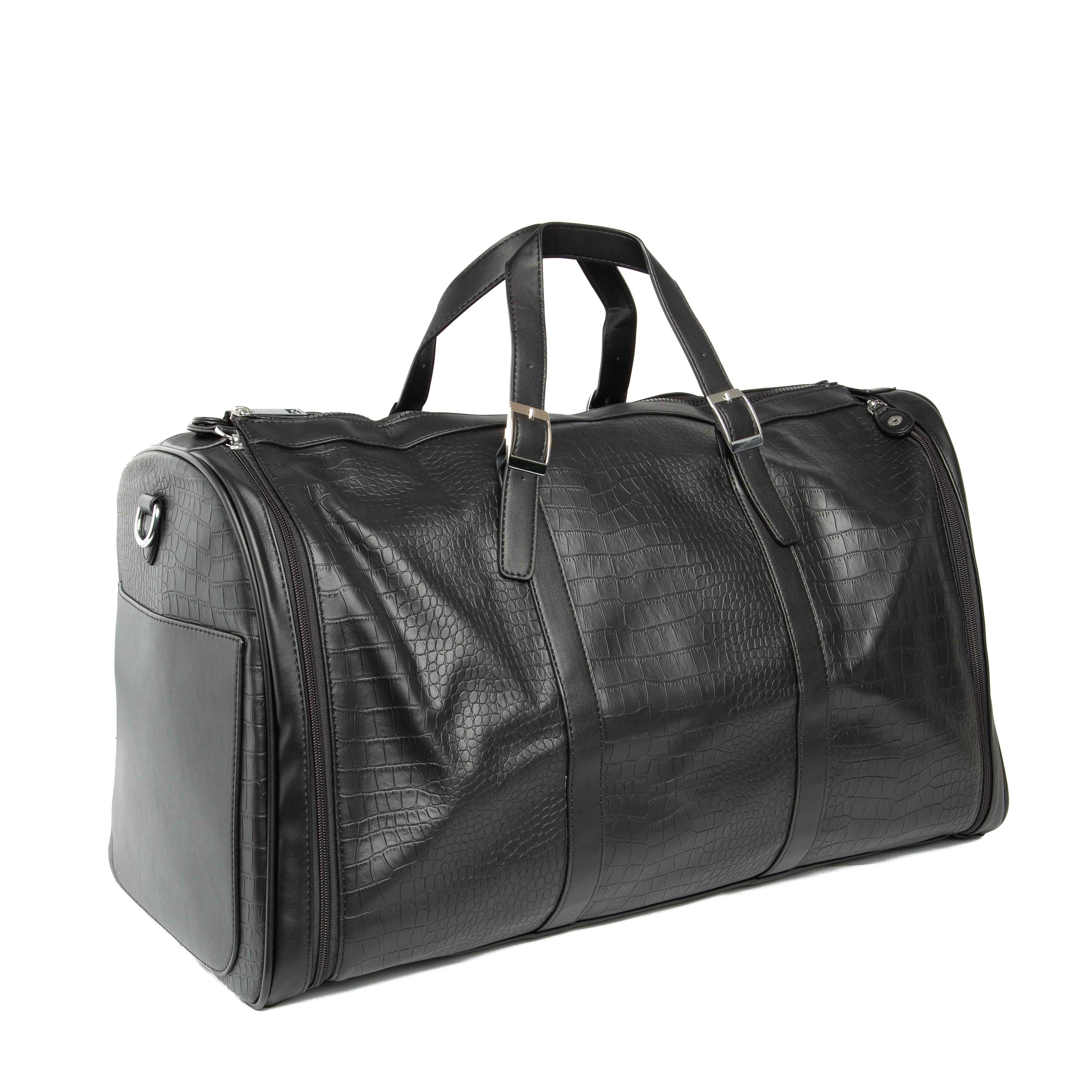 Black Embossed Leather Weekender Travel Duffle Bag