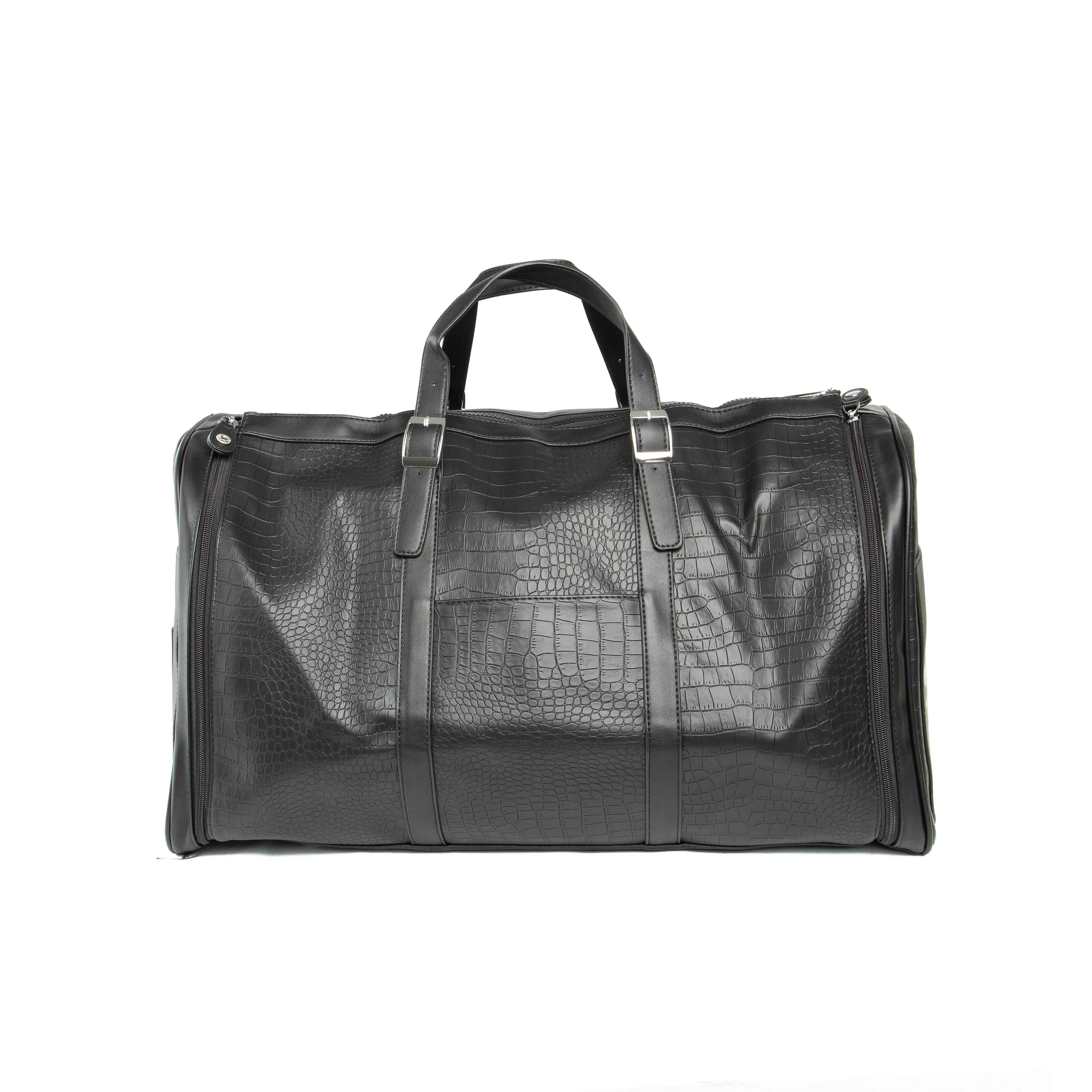 Black Embossed Leather Weekender Travel Duffle Bag