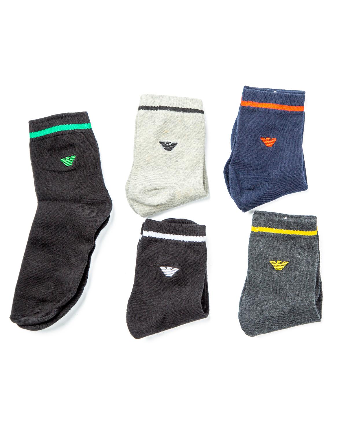 Giorgio Armani Cotton Blend Socks Multi-Pack, featuring black, light grey, navy, and dark grey pairs with ribbed design and signature logo detailing.