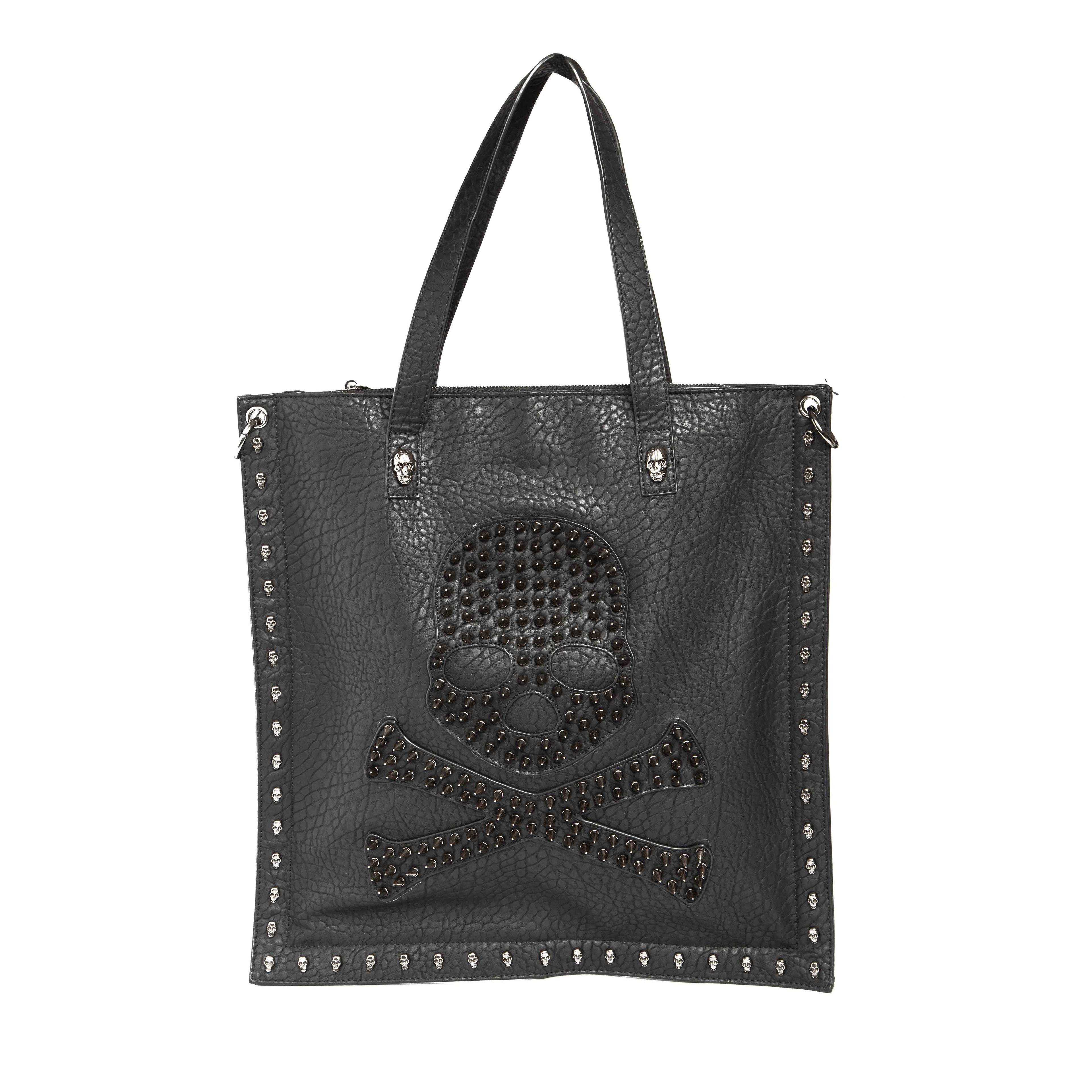 Studded Skull & Crossbones Tote Bag,11382- Black