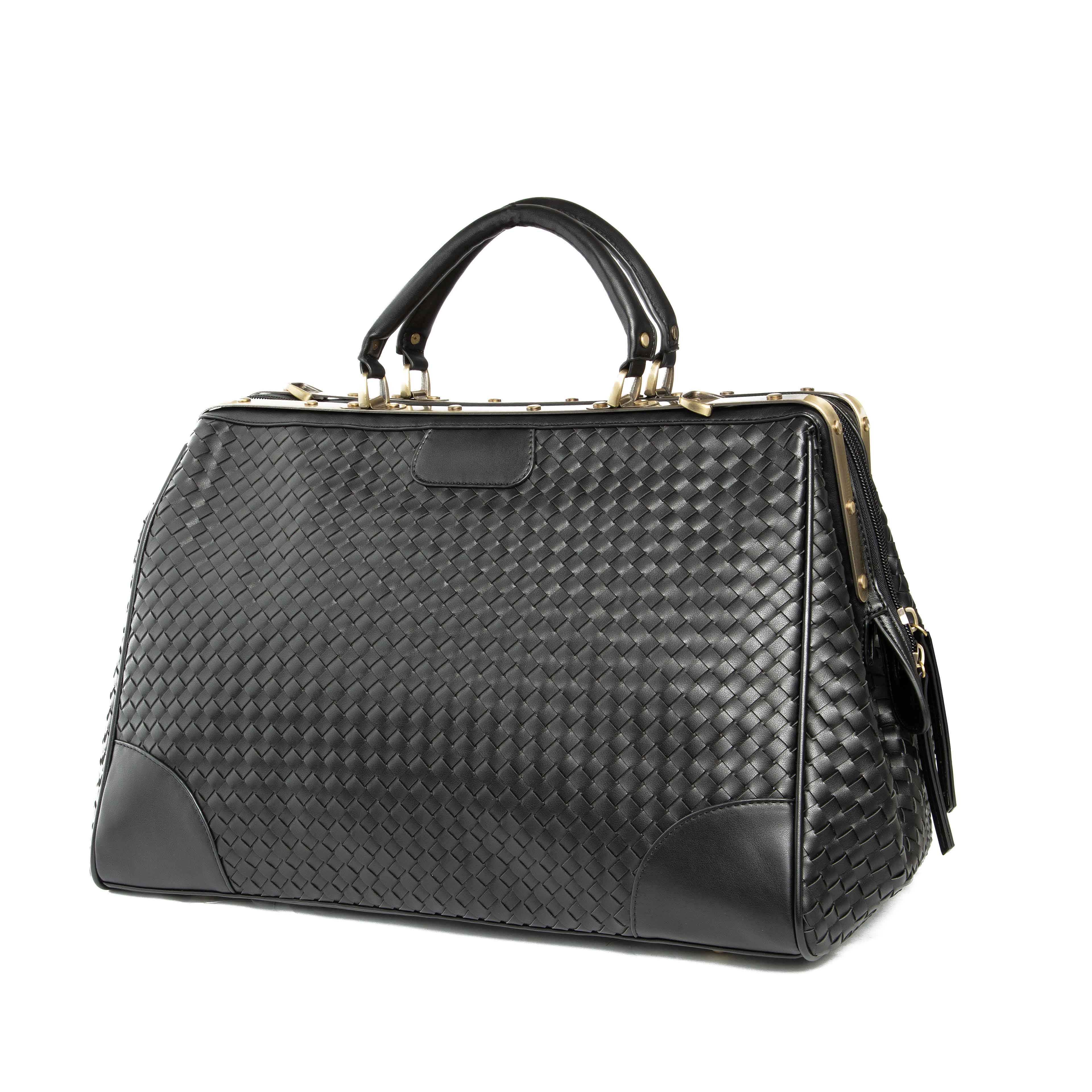Black Woven Leather Frame Travel Bag - Classic Unisex
