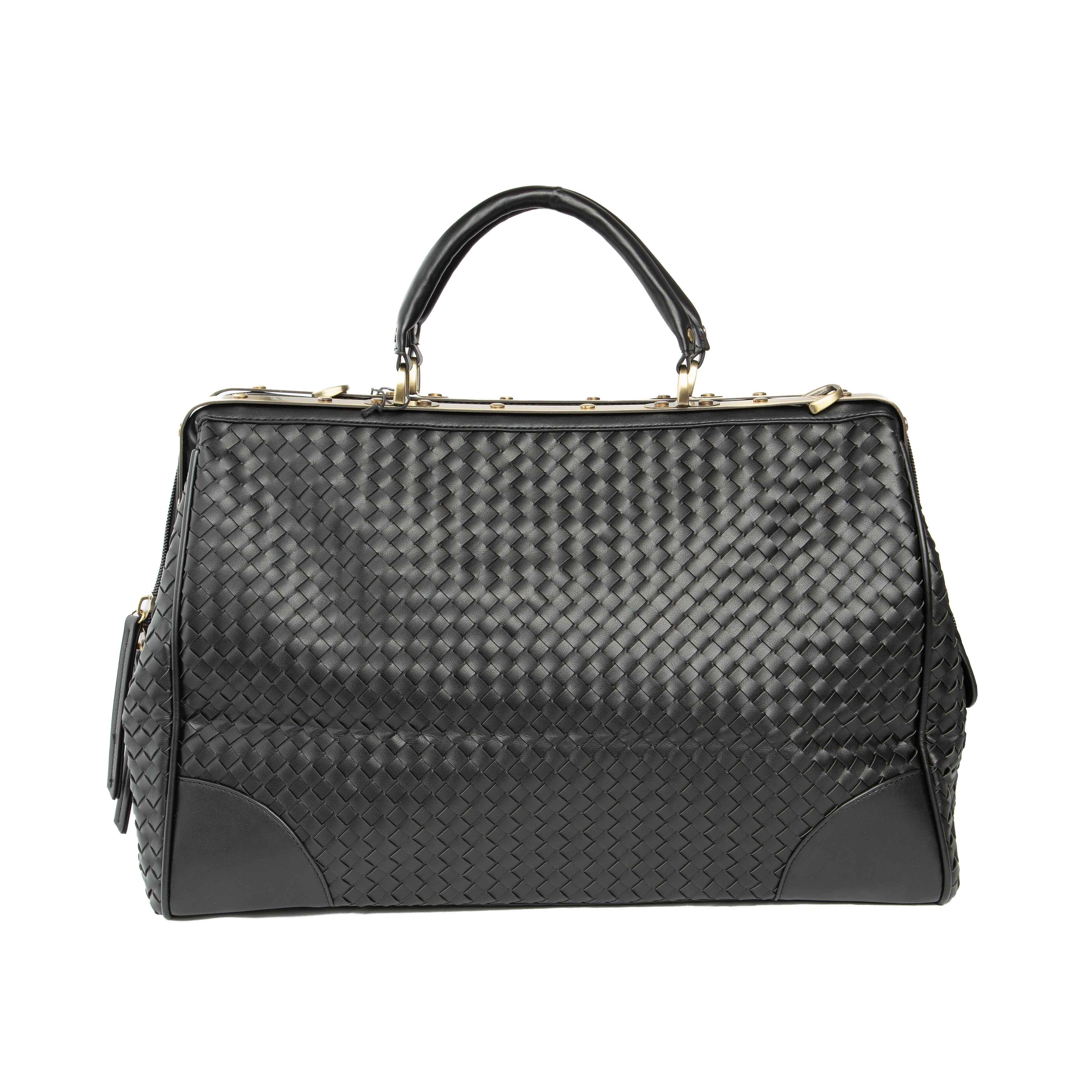 Black Woven Leather Frame Travel Bag - Classic Unisex