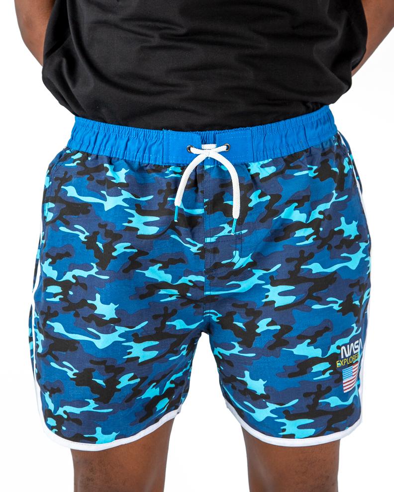 Men’s Blue Camo Beach Shorts – Quick Dry Swimwear with Elastic Waistband
