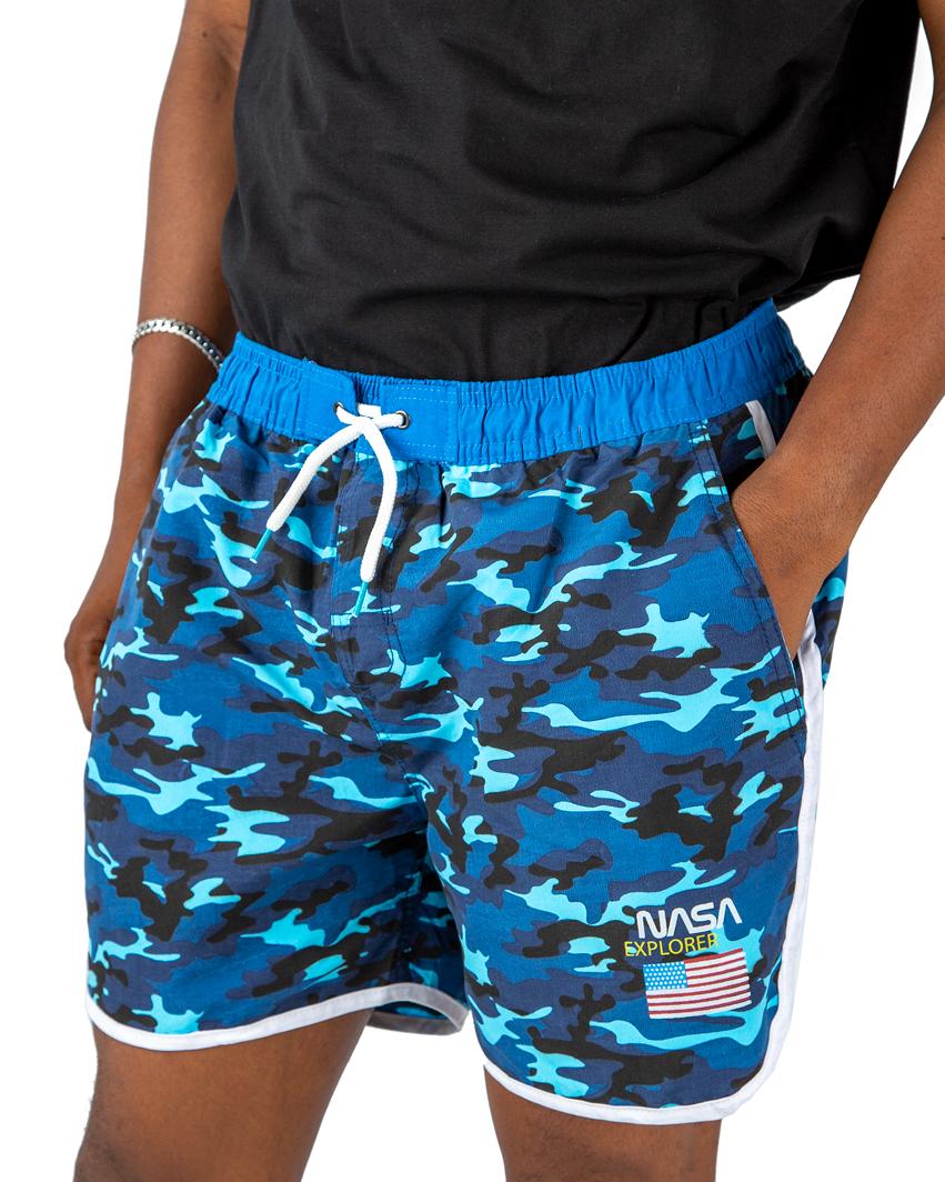 Men’s Blue Camo Beach Shorts – Quick Dry Swimwear with Elastic Waistband