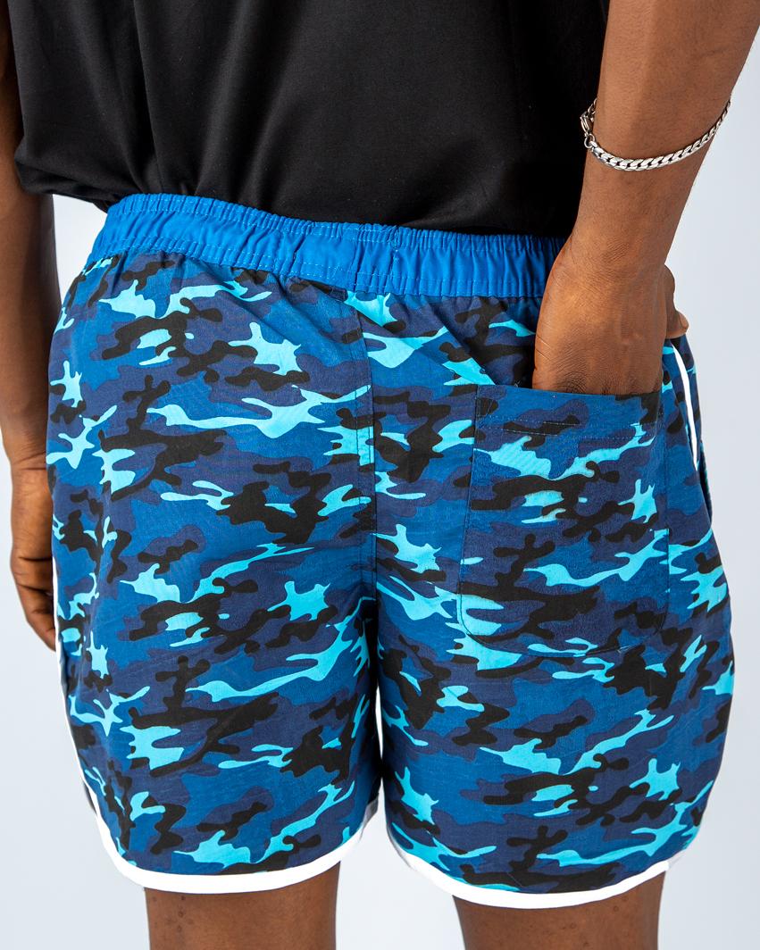 Men’s Blue Camo Beach Shorts – Quick Dry Swimwear with Elastic Waistband