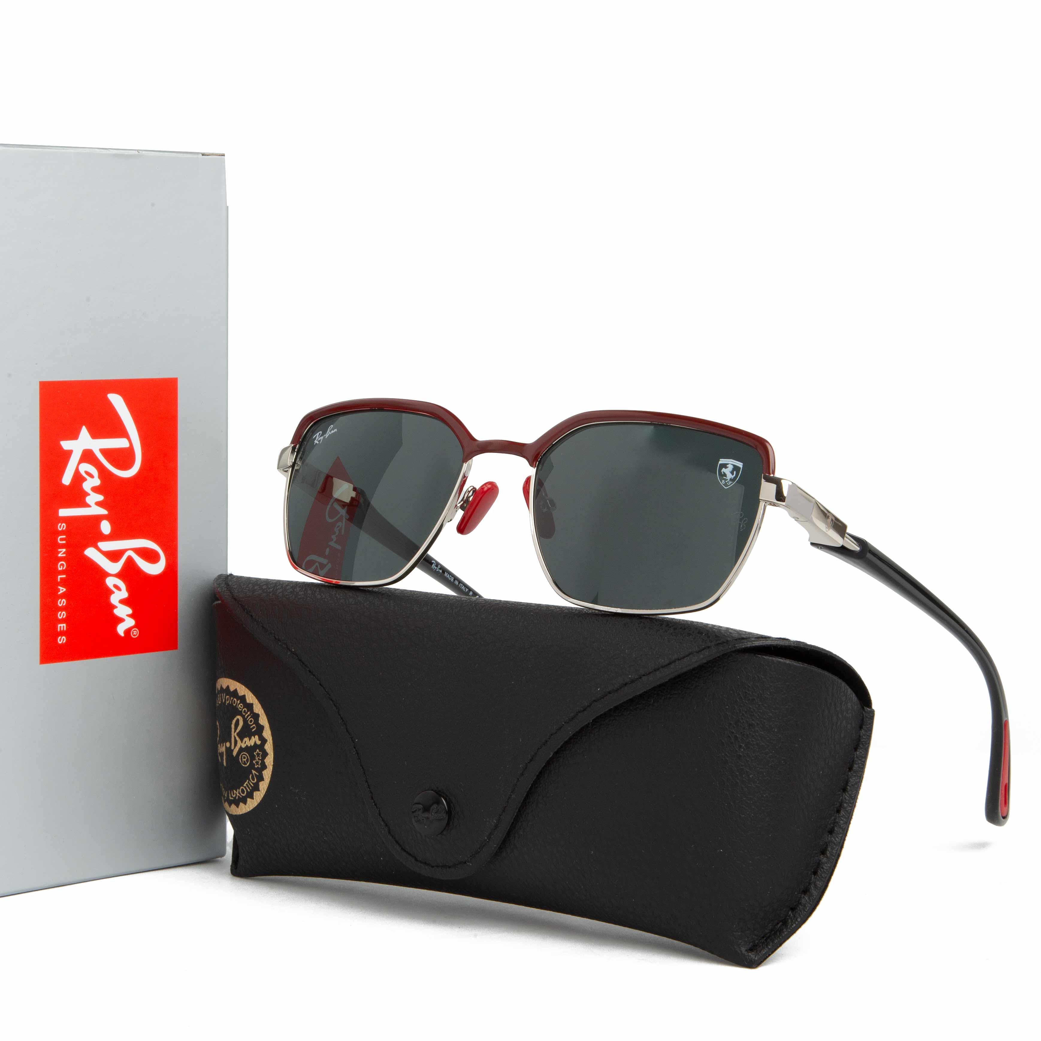 Ray-Ban Ferrari Rectangular Half-Rim Sunglasses Red Silver