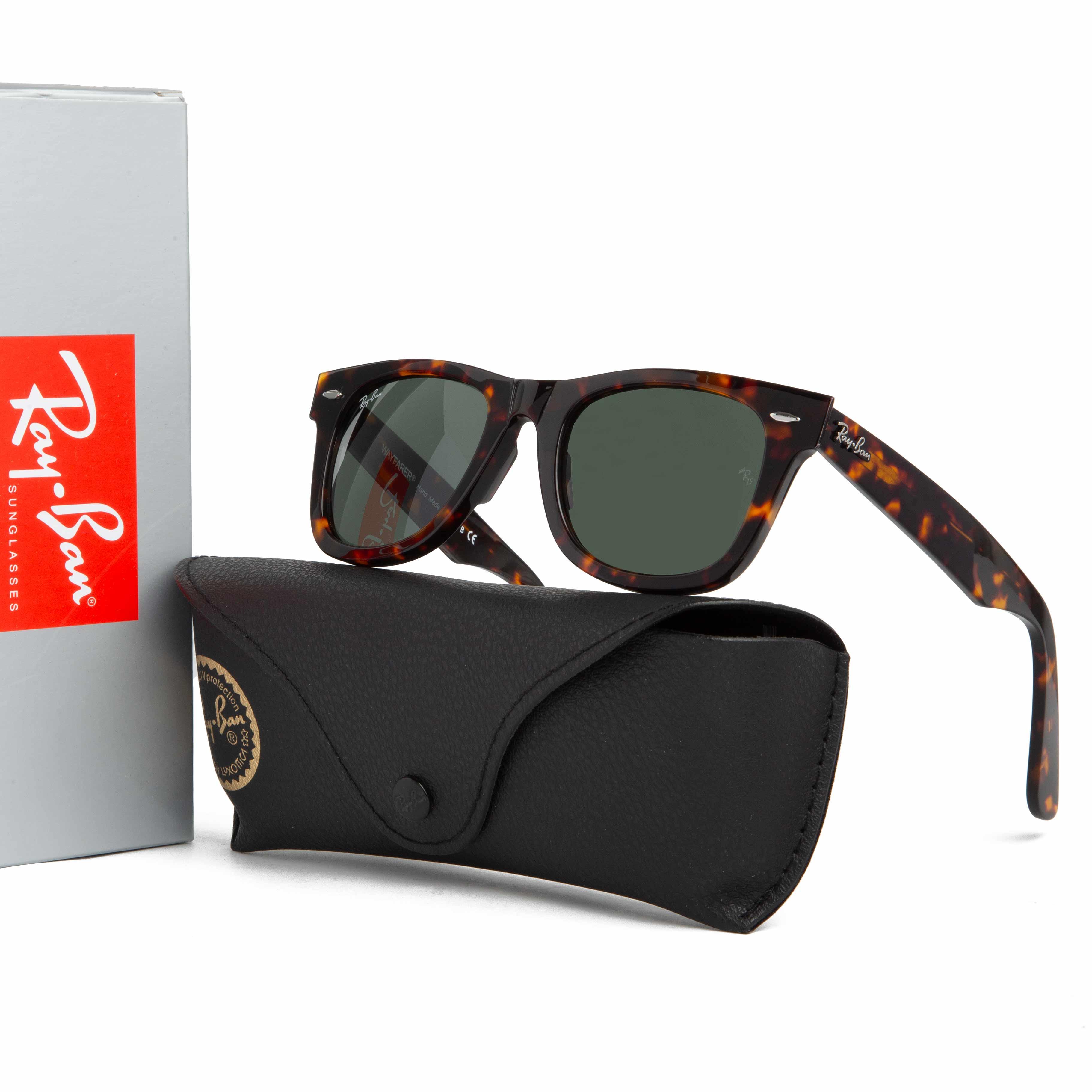  Ray-Ban Original Wayfarer Classic Sunglasses with Tortoiseshell Frame and G-15 Green Lenses, Iconic Unisex Design for Style and Protection.