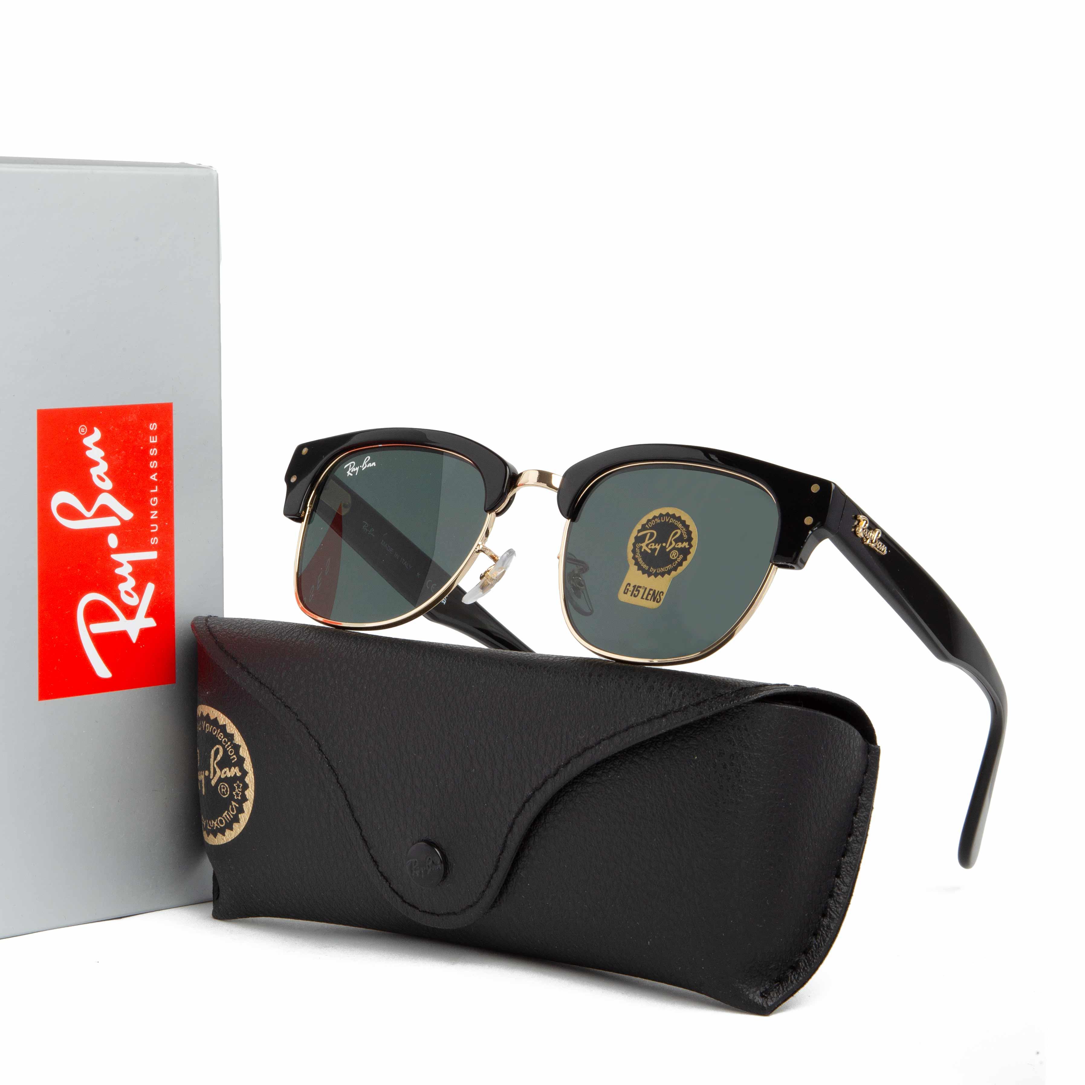 Ray-Ban Clubmaster Classic Sunglasses with Black Frame and G-15 Green Lenses, Iconic Retro Design for Men and Women.
