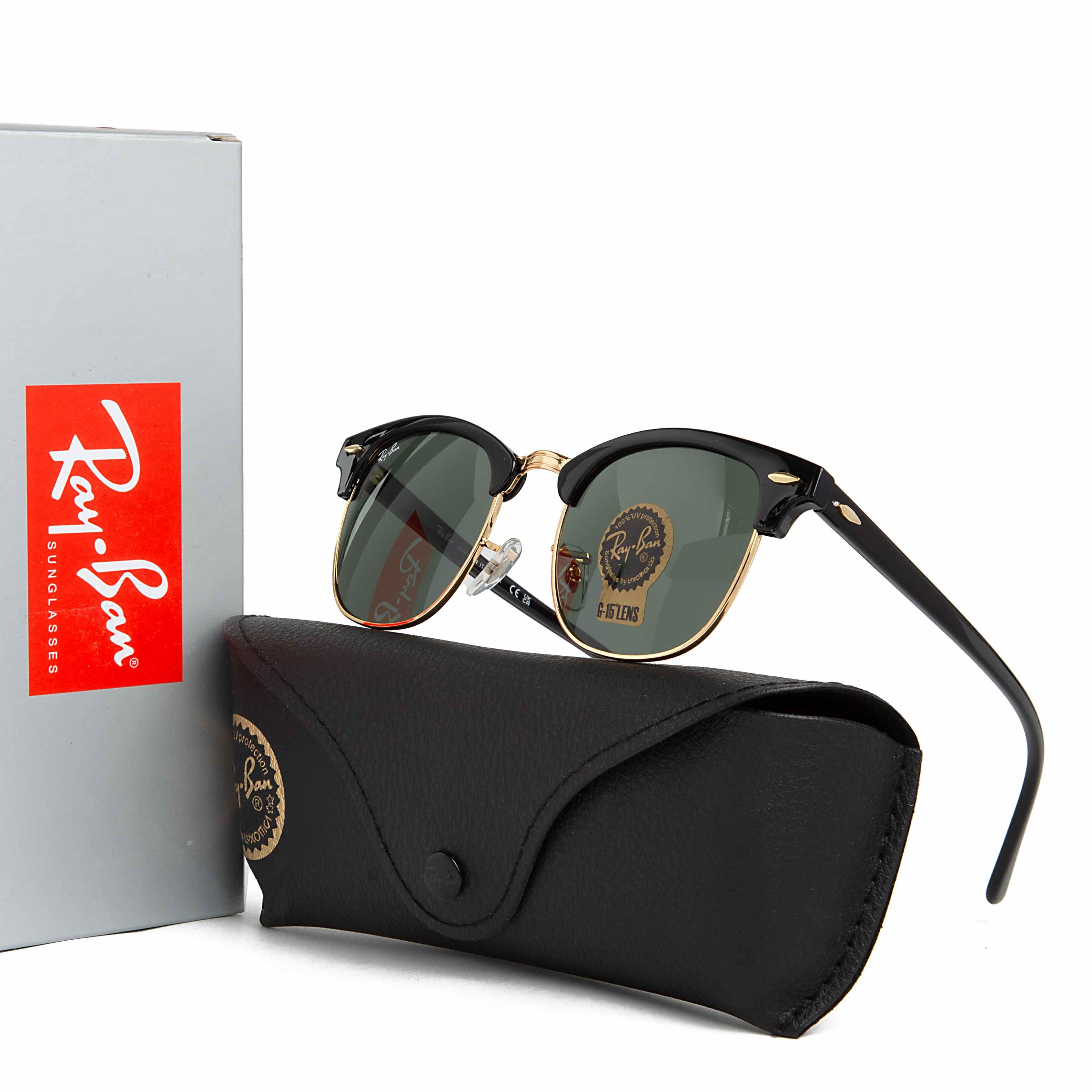Classic Ray-Ban Clubmaster Sunglasses with Black & Gold Frame and Green G-15 Lenses - Iconic Unisex Style