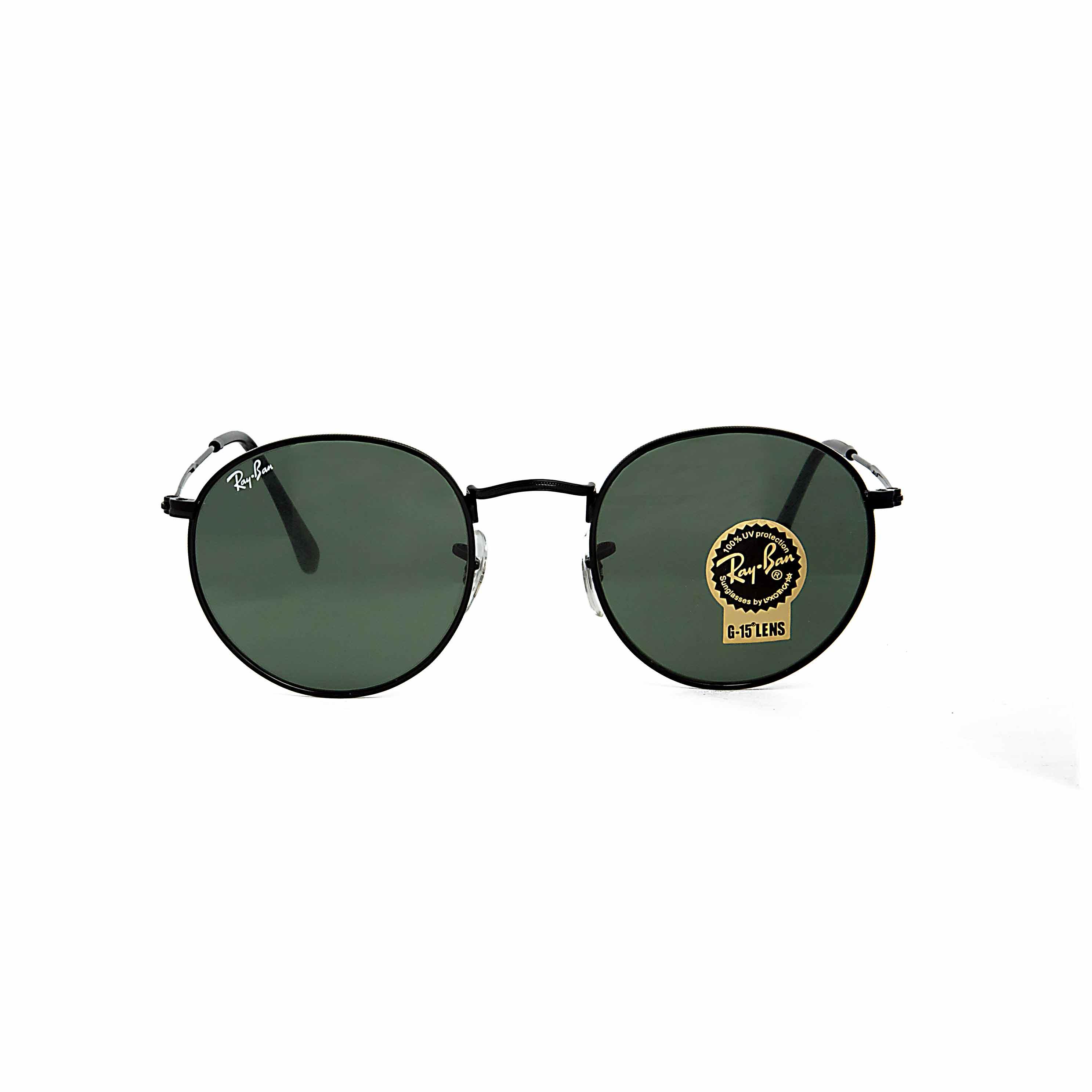 Classic Ray-Ban Round Metal Sunglasses with Black Frame and Green G-15 Lenses - Unisex Style