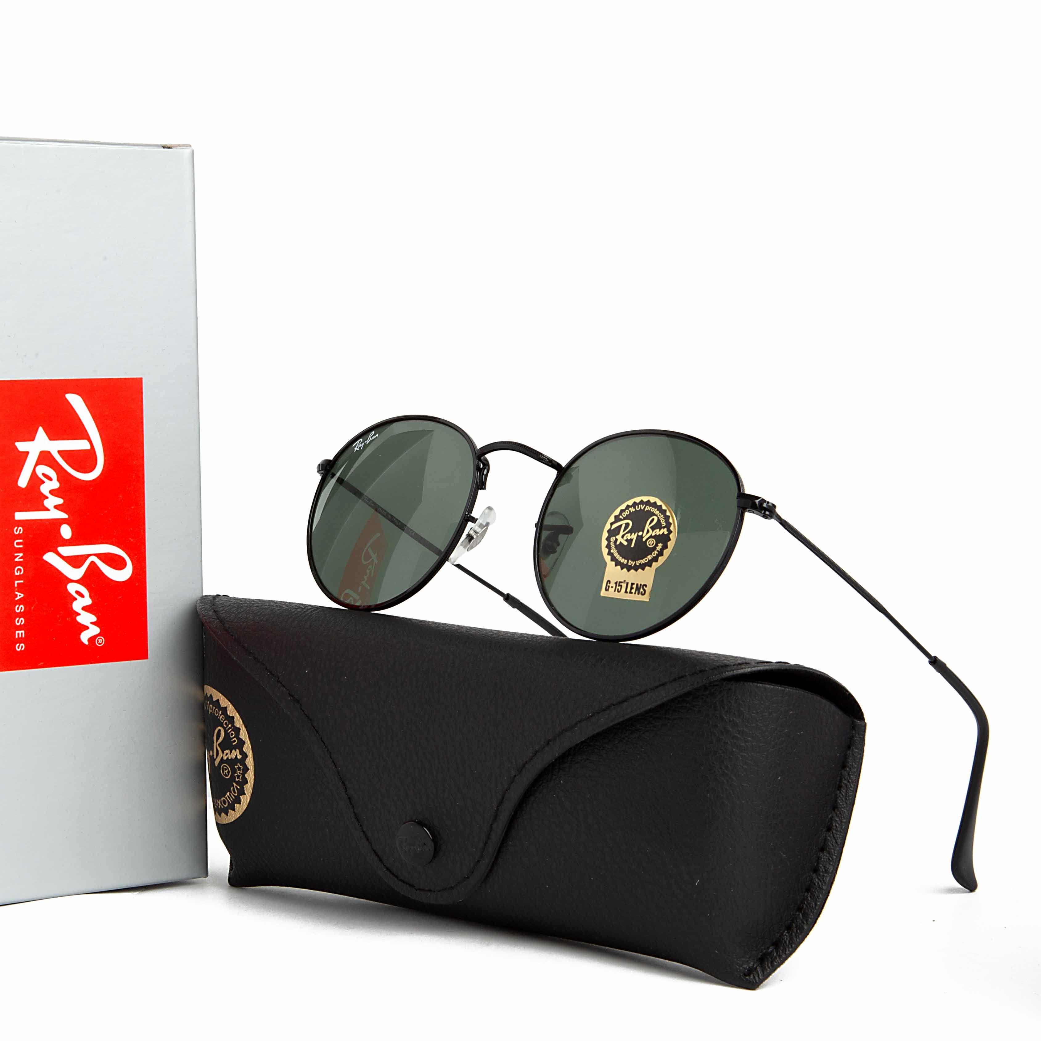 Classic Ray-Ban Round Metal Sunglasses with Black Frame and Green G-15 Lenses - Unisex Style